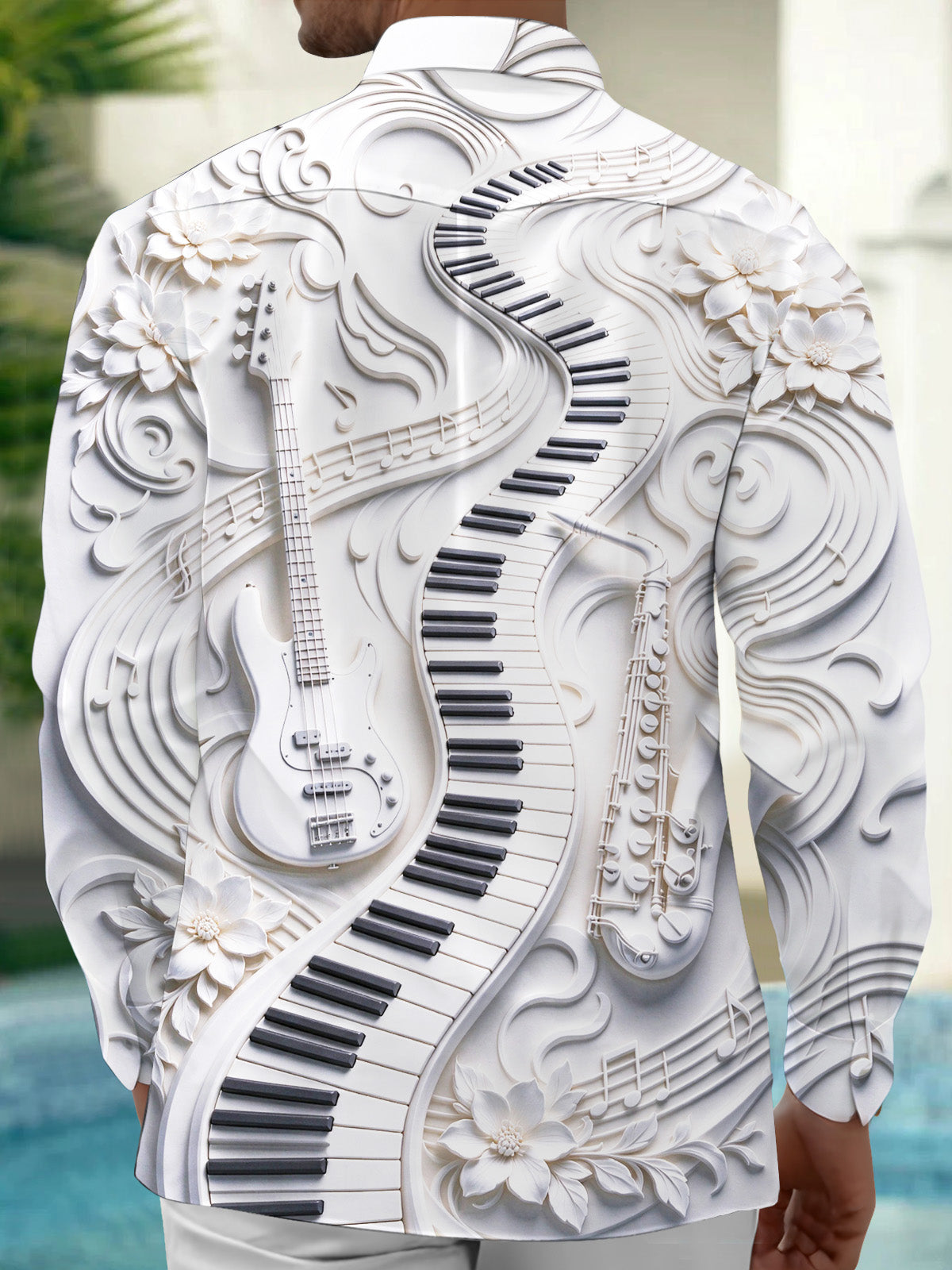 Oceanlyte Men's Long Sleeve Shirt - 3D Musical Instruments And Floral Carvings Print with Chest Pocket