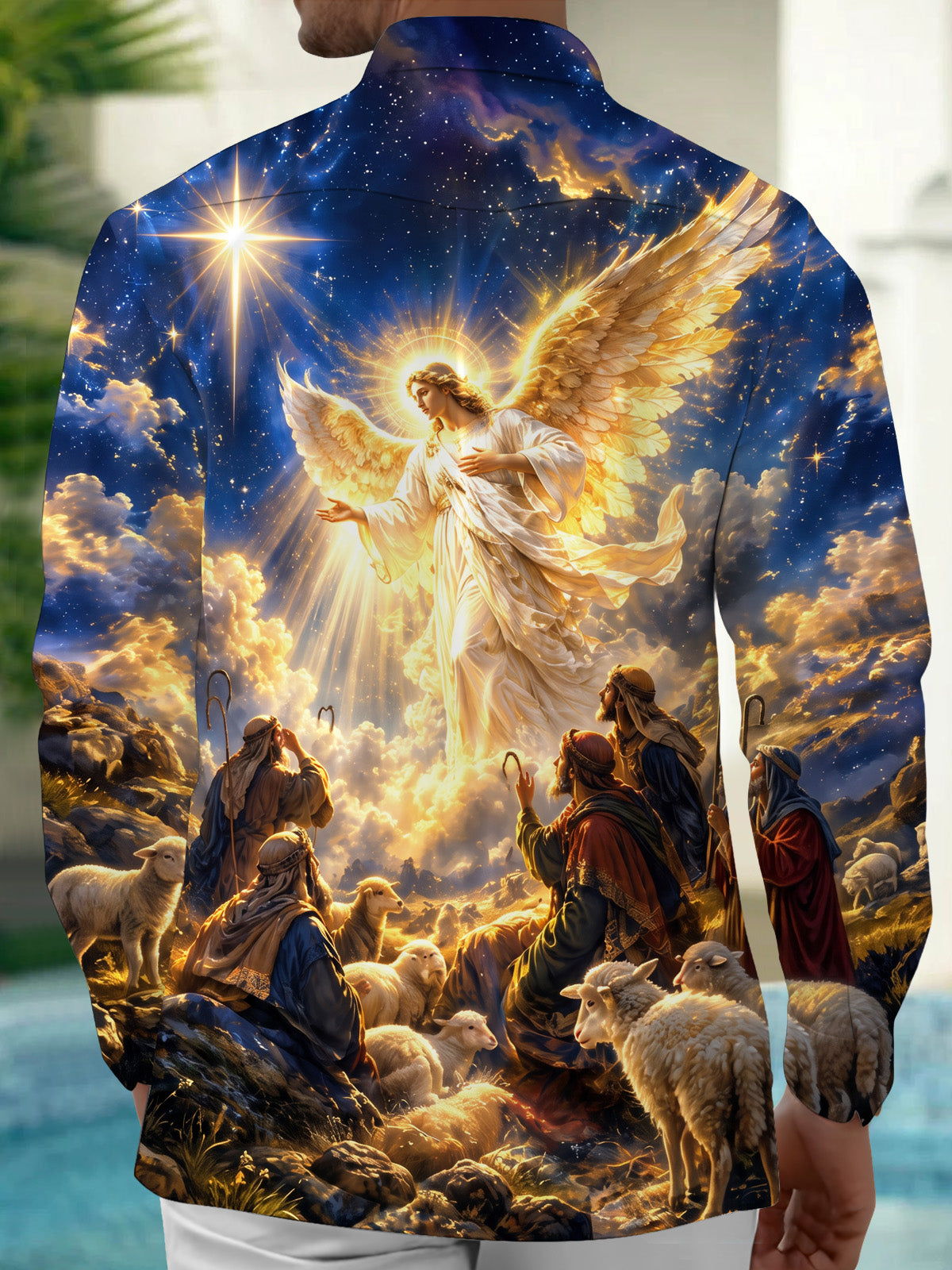 Oceanlyte Men's Christmas Angel And Shepherds With Sheep Print Long Sleeve Shirt with Chest Pocket