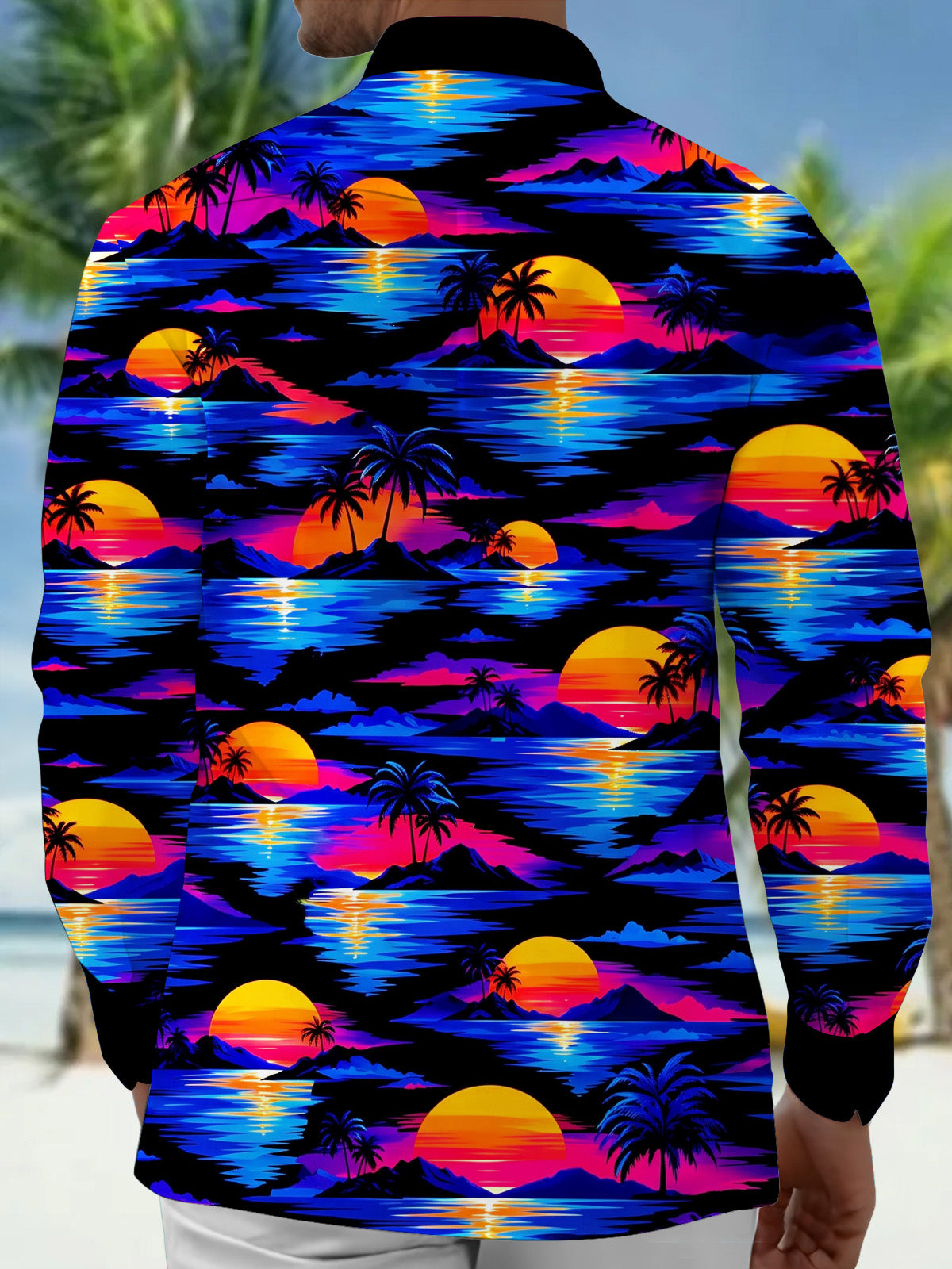 Oceanlyte Men's Neon Sunset Palm Trees And Ocean Waves Print Long Sleeve Shirt with Chest Pocket