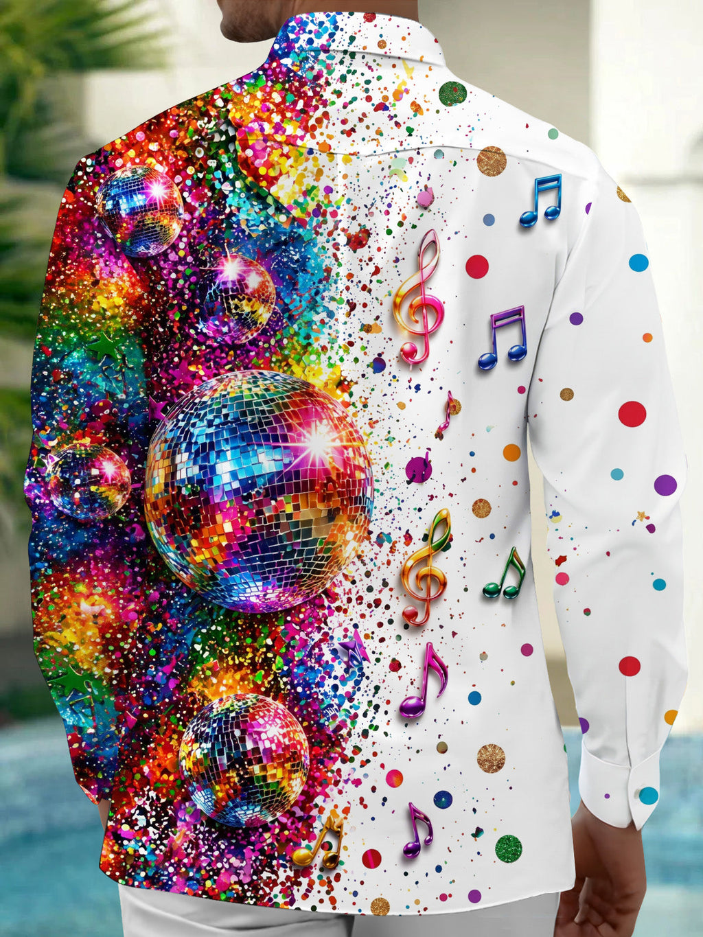 Oceanlyte Men's Retro Disco Balls And Musical Notes Print Long Sleeve Shirt with Chest Pocket