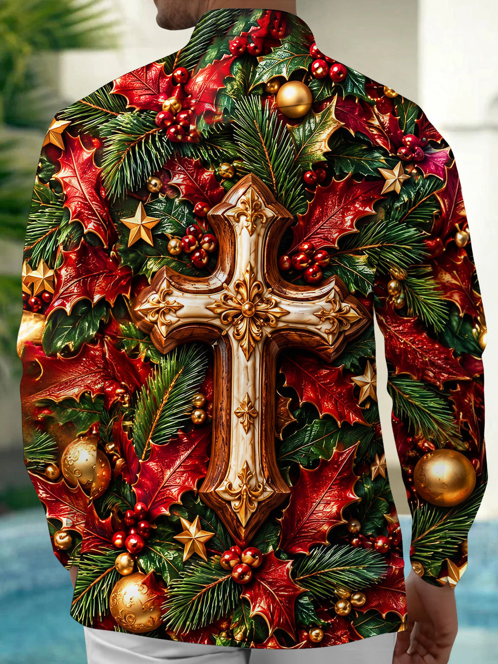 Oceanlyte Men's Long Sleeve Shirt - Christmas 3D Cross With Holly Leaves And Berries Print with Chest Pocket