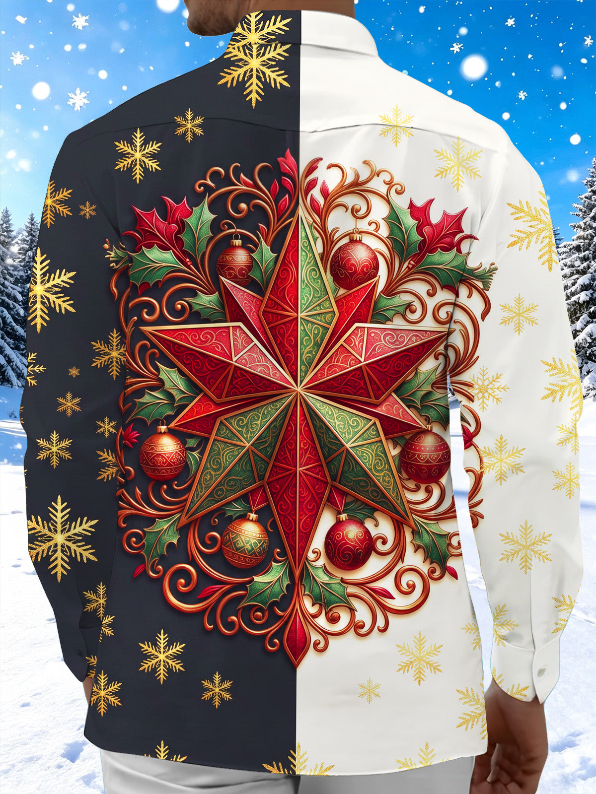 Oceanlyte Men's Christmas Star Holly Baubles Snowflakes Print Long Sleeve Shirt with Chest Pocket