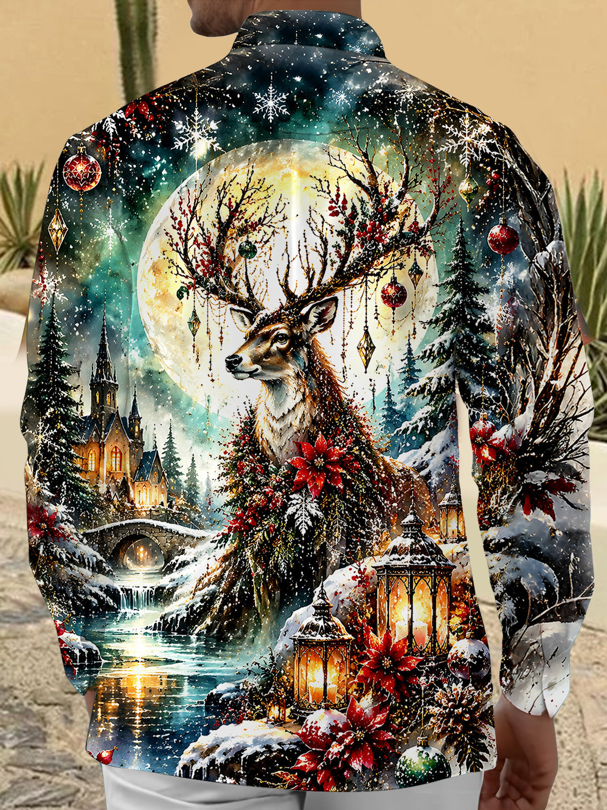 Oceanlyte Men's Graphic Christmas Elk Print Long Sleeve Shirt with Chest Pocket