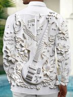 Oceanlyte Men's Long Sleeve Shirt - 3D Relief Bass Guitar And Floral Patterns Print with Chest Pocket