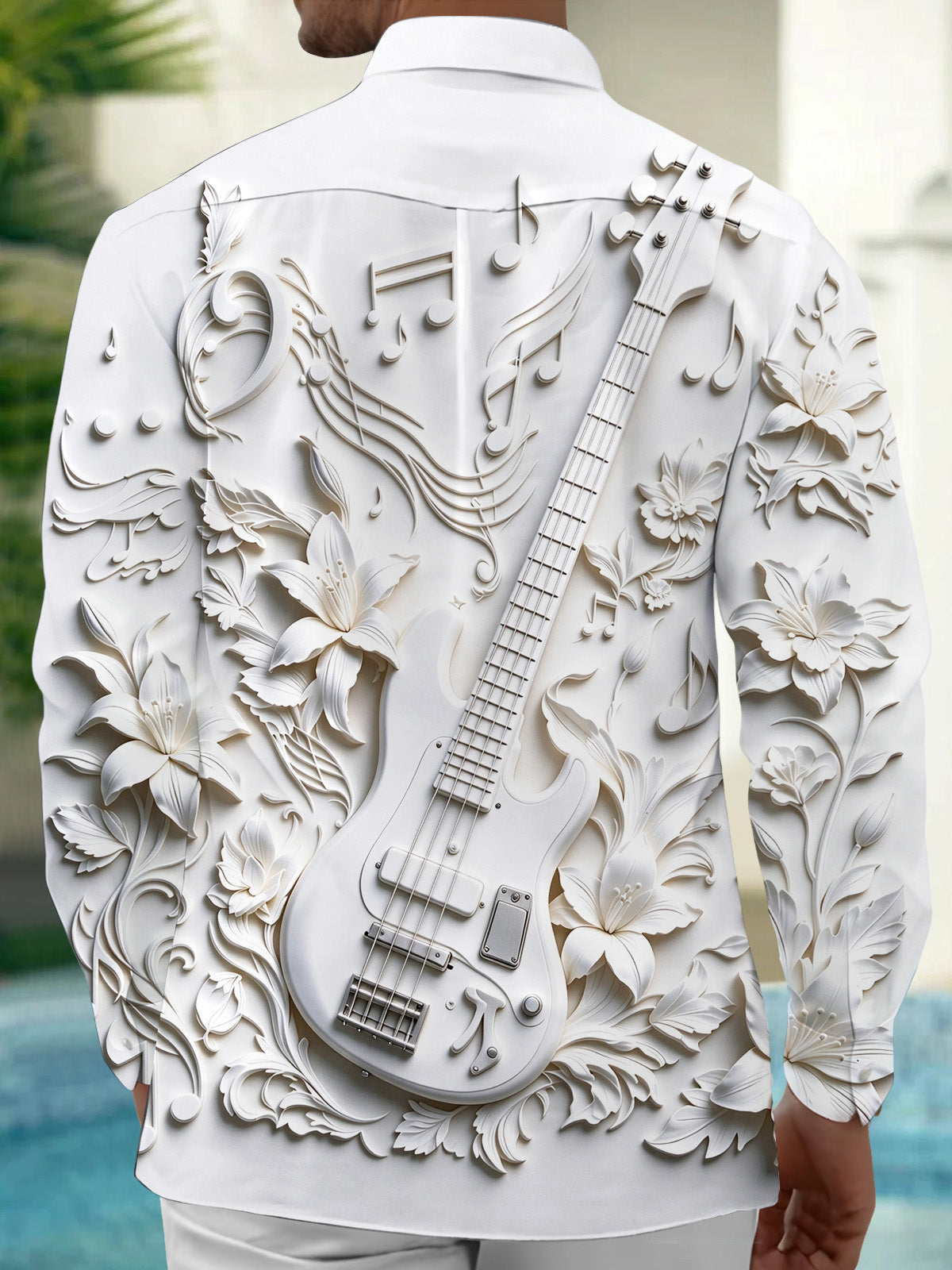 Oceanlyte Men's Long Sleeve Shirt - 3D Relief Bass Guitar And Floral Patterns Print with Chest Pocket