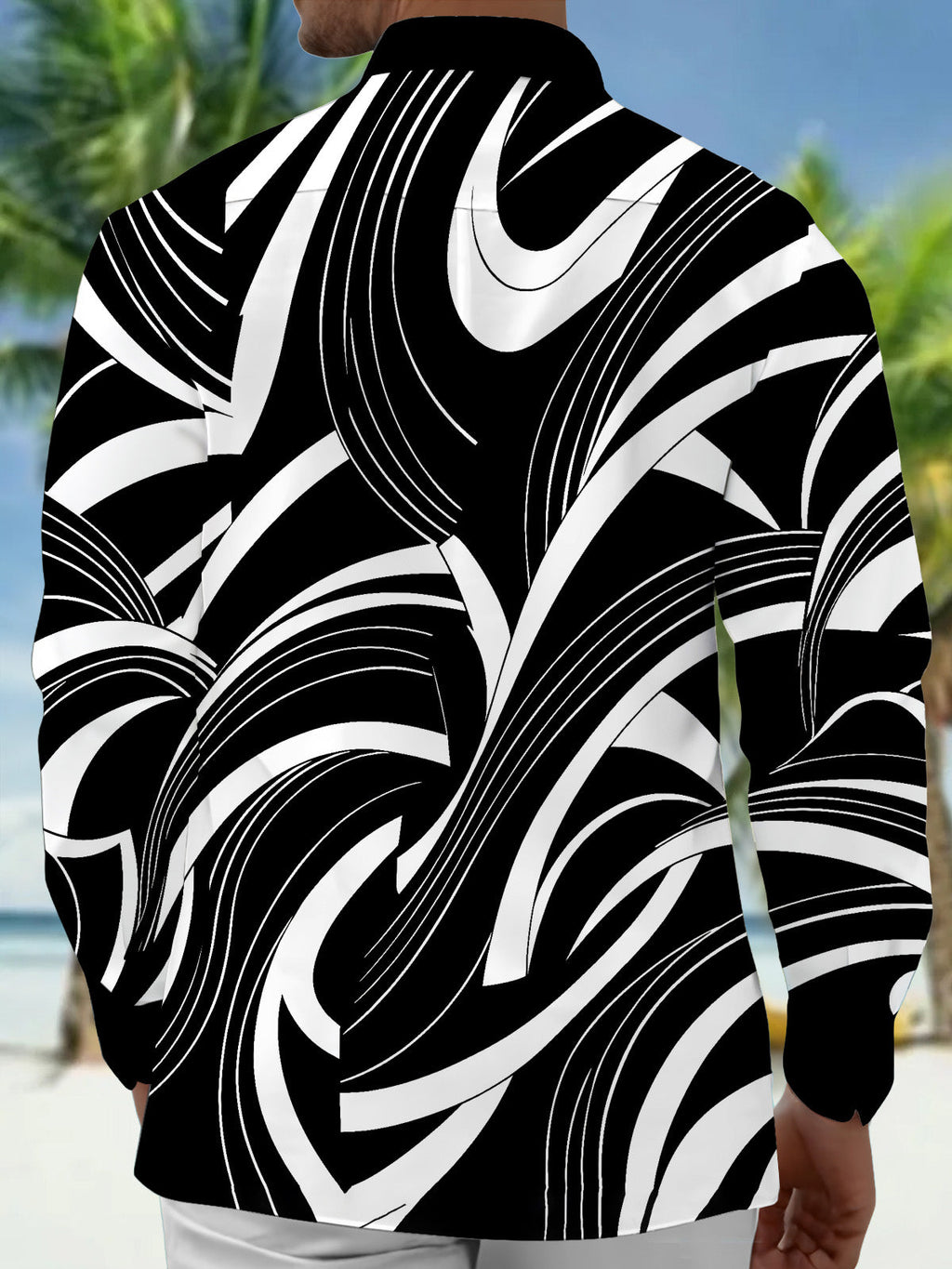 Oceanlyte Men's Abstract Geometric Curved Lines Print Long Sleeve Shirt with Chest Pocket