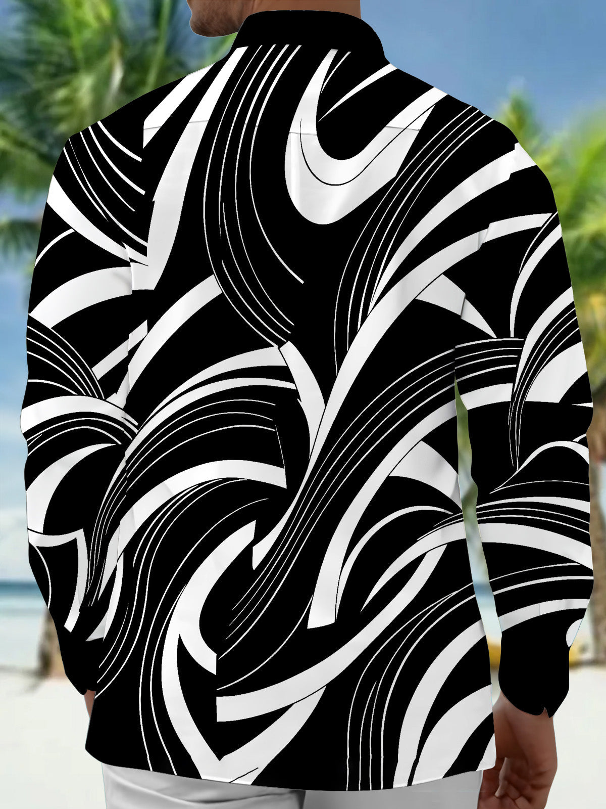 Oceanlyte Men's Abstract Geometric Curved Lines Print Long Sleeve Shirt with Chest Pocket