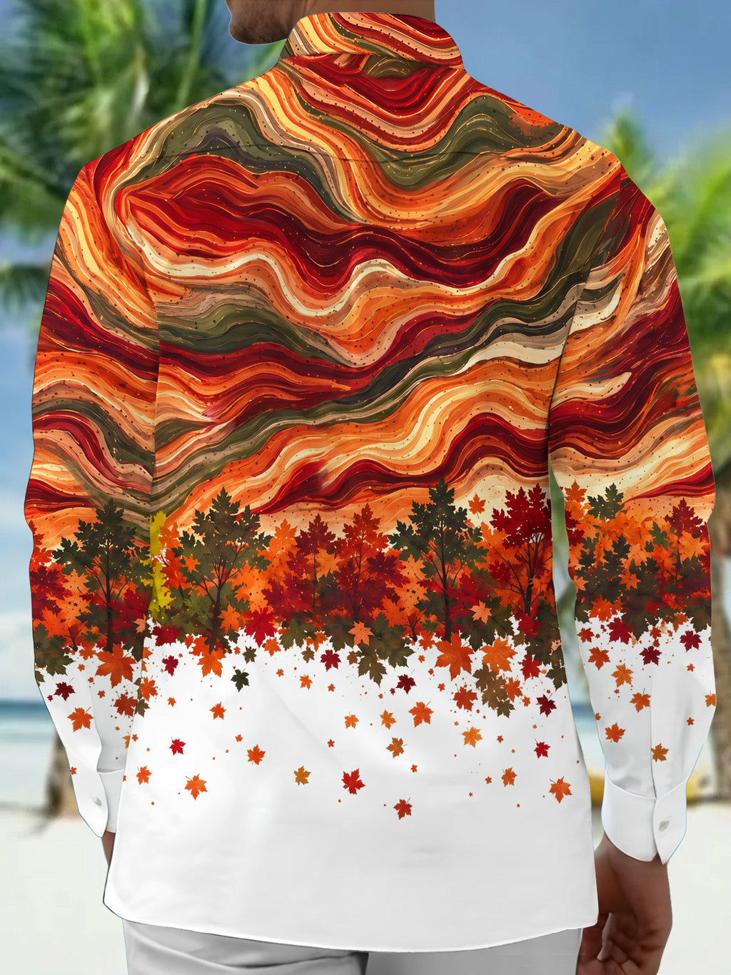 Oceanlyte Men's Autumn Maple Leaves And Wavy Lines Print Long Sleeve Shirt with Chest Pocket
