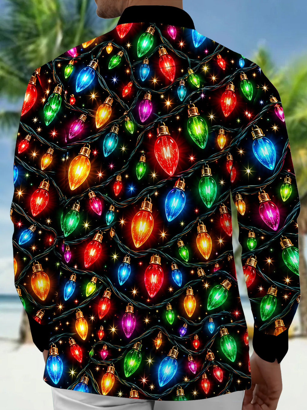 Oceanlyte Men's Printed Christmas Lights Print Long Sleeve Shirt with Chest Pocket