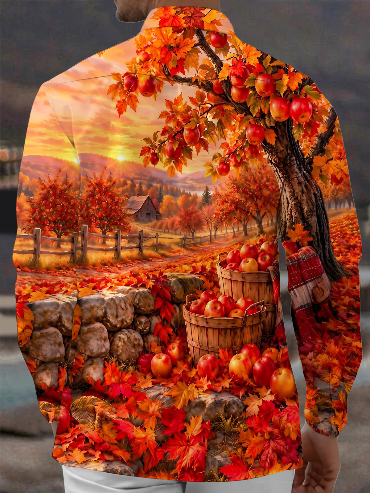 Oceanlyte Men's Printed Autumn Apple Orchard Landscape Print Long Sleeve Shirt with Chest Pocket