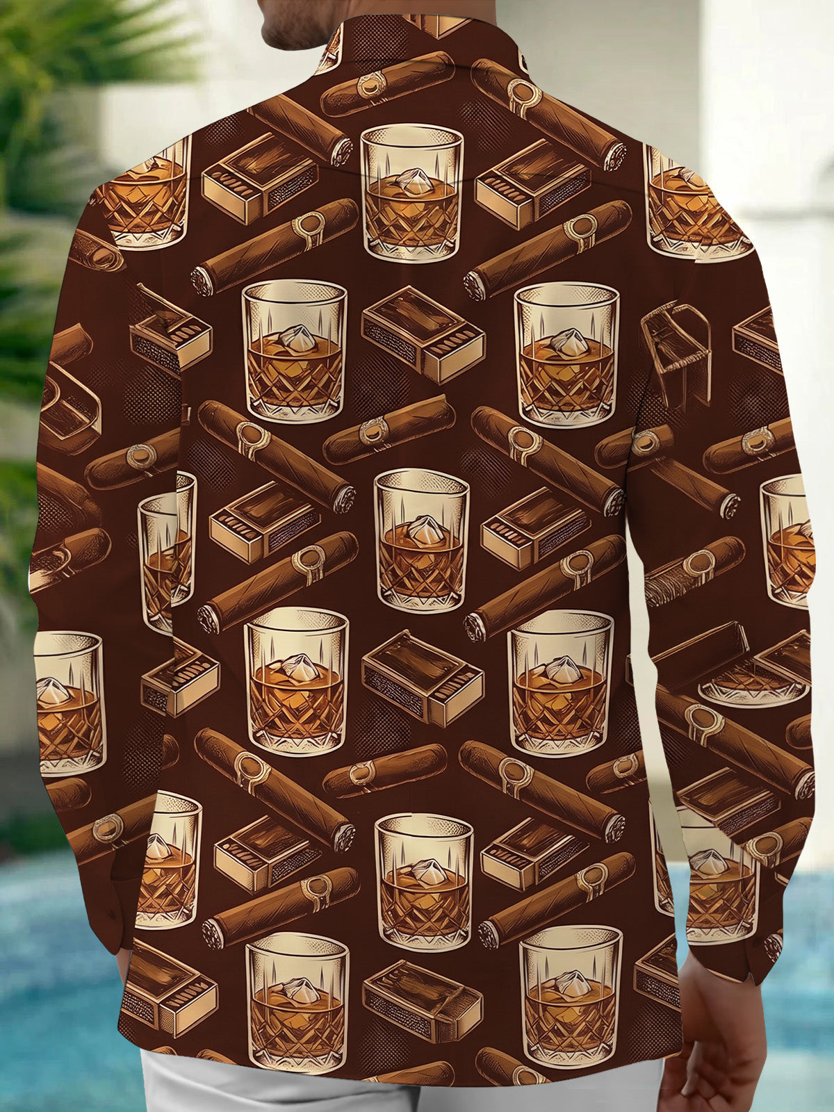 Oceanlyte Men's Hawaiian Whiskey Glasses With Ice Cubes Print Long Sleeve Shirt with Chest Pocket