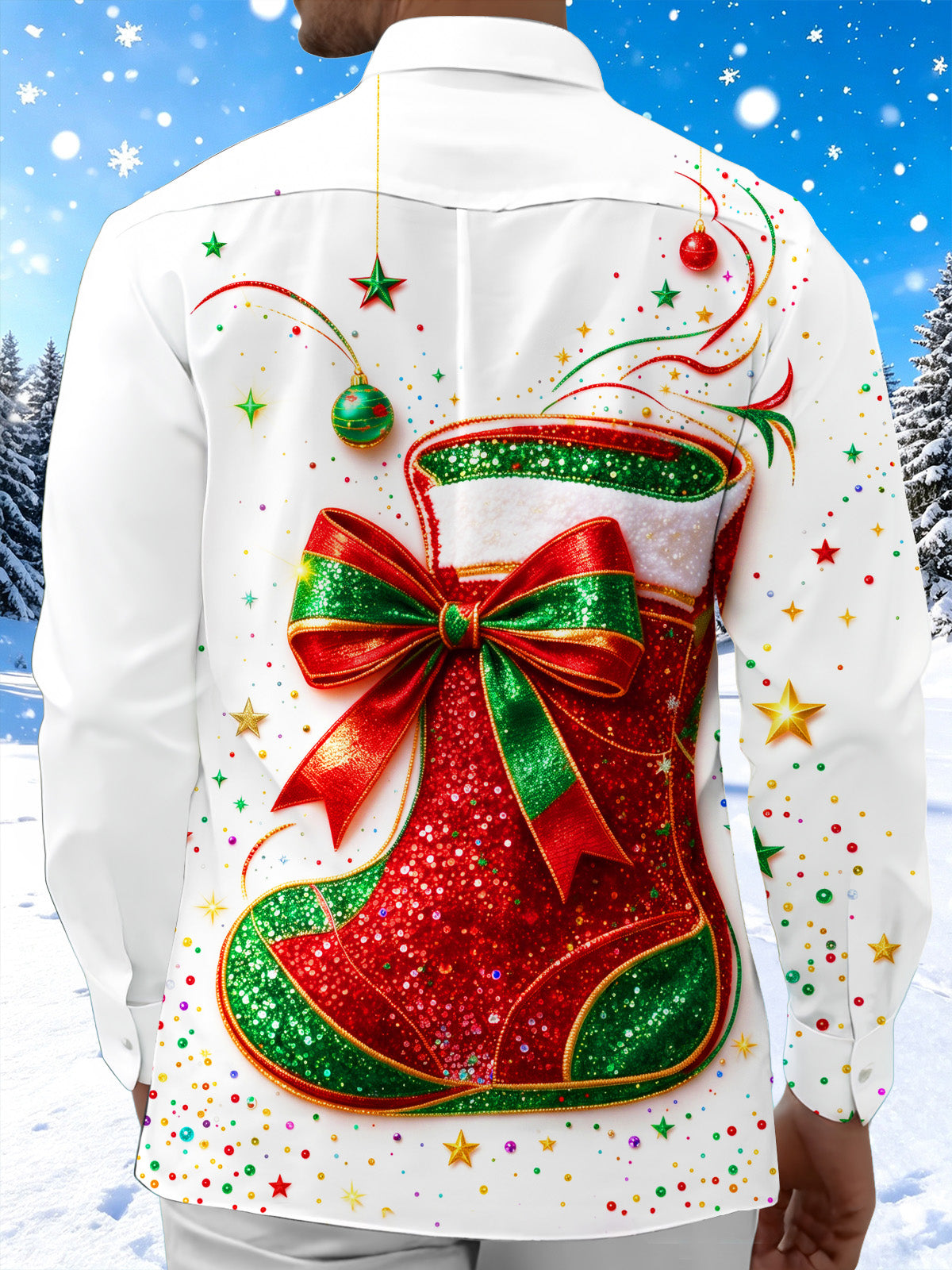 Oceanlyte Men's Long Sleeve Shirt - Christmas Stocking With Bow And Ornaments Print with Chest Pocket