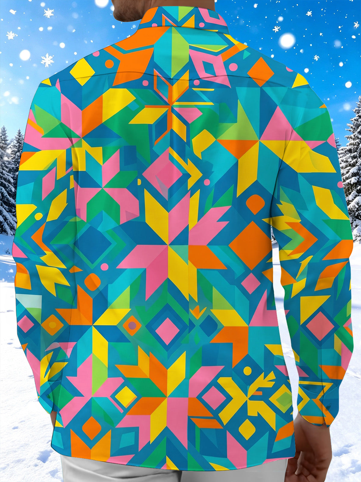 Oceanlyte Men's Printed Colorful Geometric Shapes Print Long Sleeve Shirt with Chest Pocket