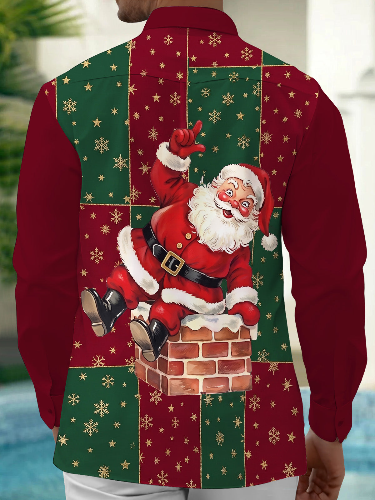 Oceanlyte Men's Printed Santa Claus On Chimney Print Long Sleeve Shirt with Chest Pocket