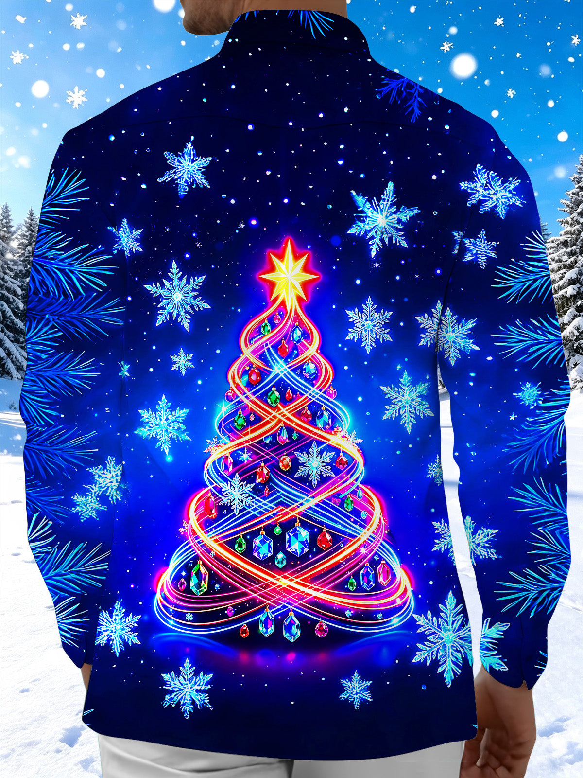 Oceanlyte Men's Long Sleeve Shirt - Neon Light Spiral Christmas Tree With Ornaments Print with Chest Pocket