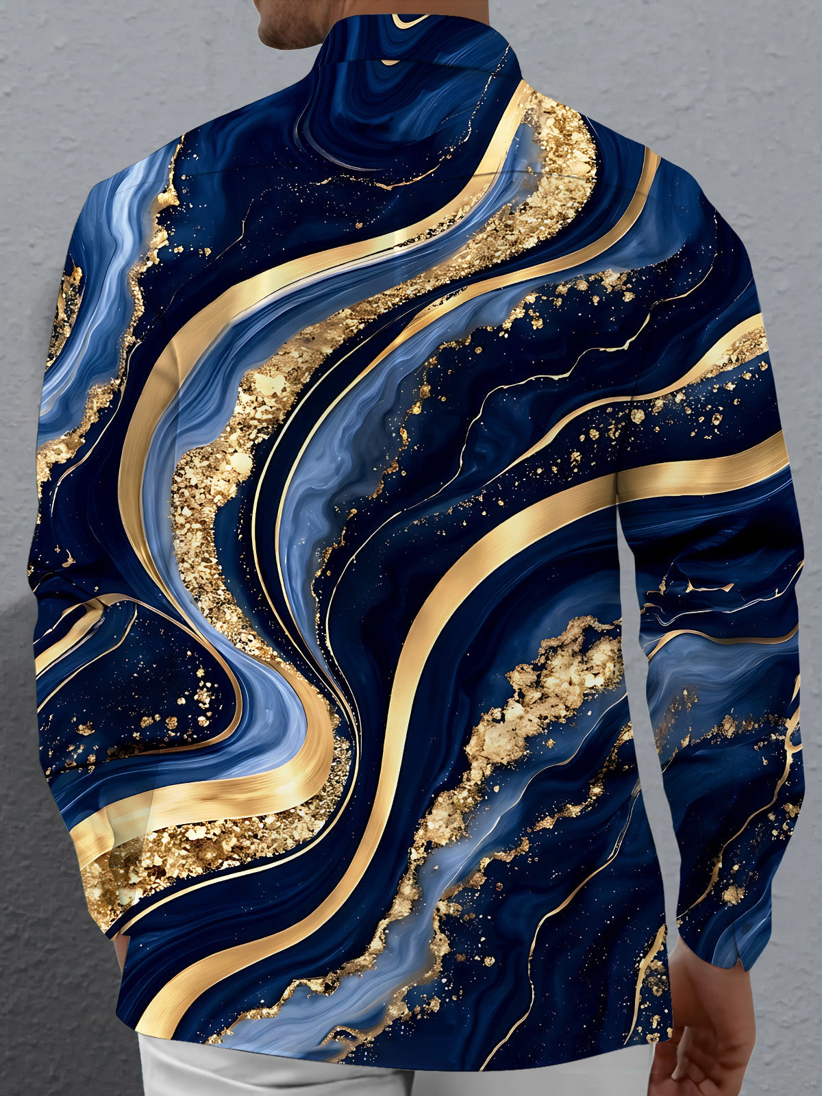 Oceanlyte Men's Abstract Gold And Blue Marble Waves Print Long Sleeve Shirt with Chest Pocket