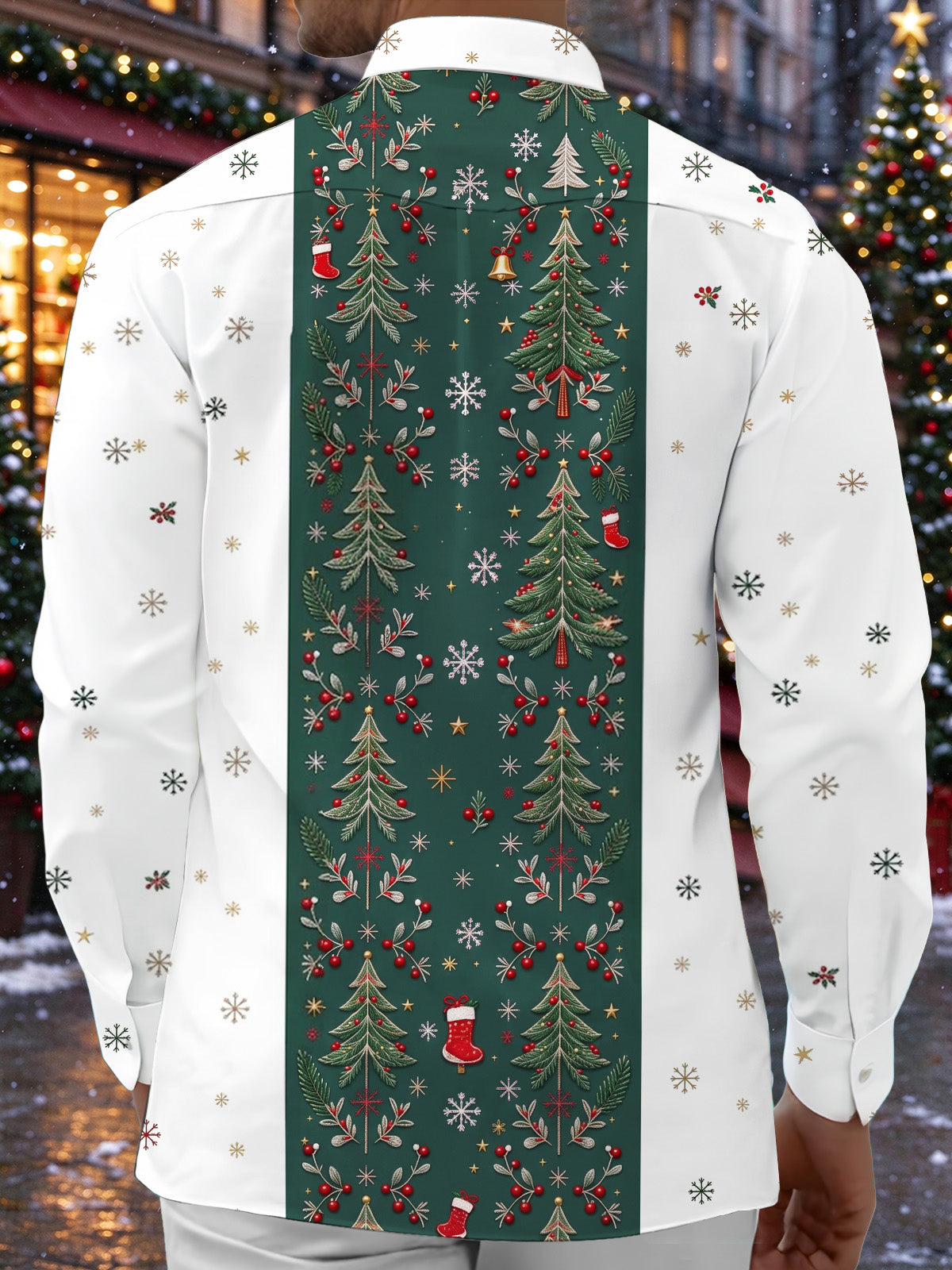 Oceanlyte Men's Striped Christmas Trees And Snowflakes Print Long Sleeve Shirt with Chest Pocket