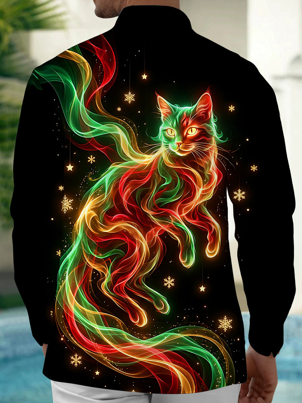Oceanlyte Men's Long Sleeve Shirt - Christmas Neon Colorful Cat With Snowflakes And Stars Print with Chest Pocket