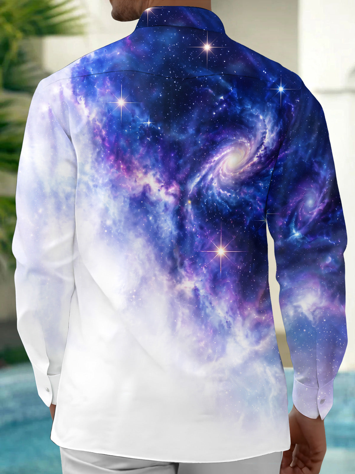 Oceanlyte Men's Printed Galaxy Nebula And Stars Print Long Sleeve Shirt with Chest Pocket