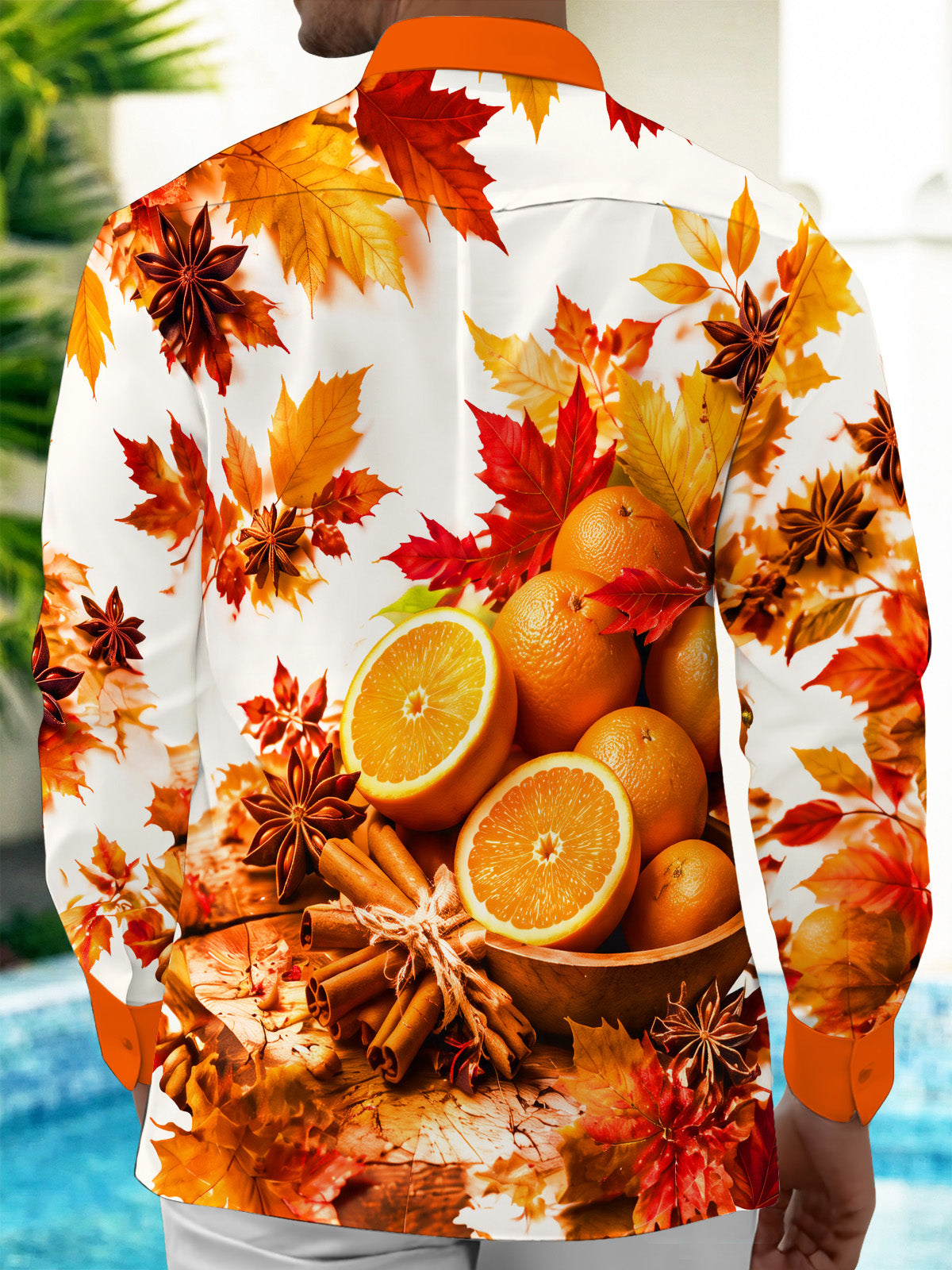 Oceanlyte Men's Printed Autumn Maple Leaves And Oranges Print Long Sleeve Shirt with Chest Pocket