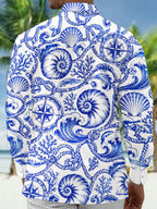 Oceanlyte Men's Hawaiian Nautical Waves And Seashells Print Long Sleeve Shirt with Chest Pocket