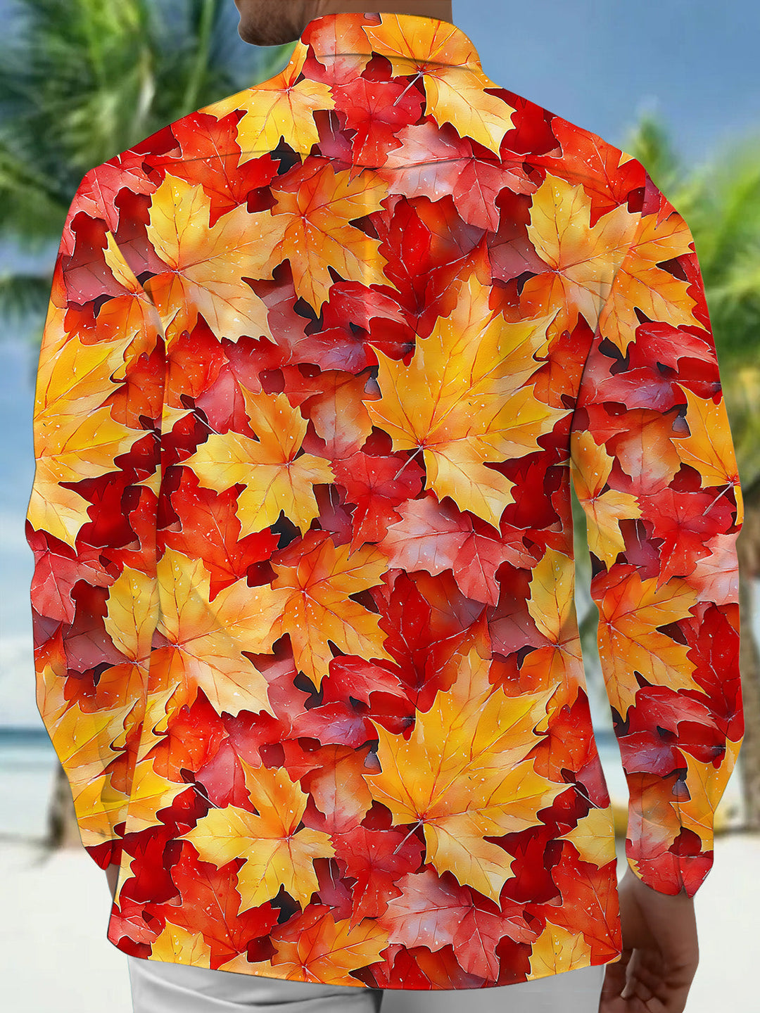 Oceanlyte Men's Printed Autumn Maple Leaves Print Long Sleeve Shirt with Chest Pocket