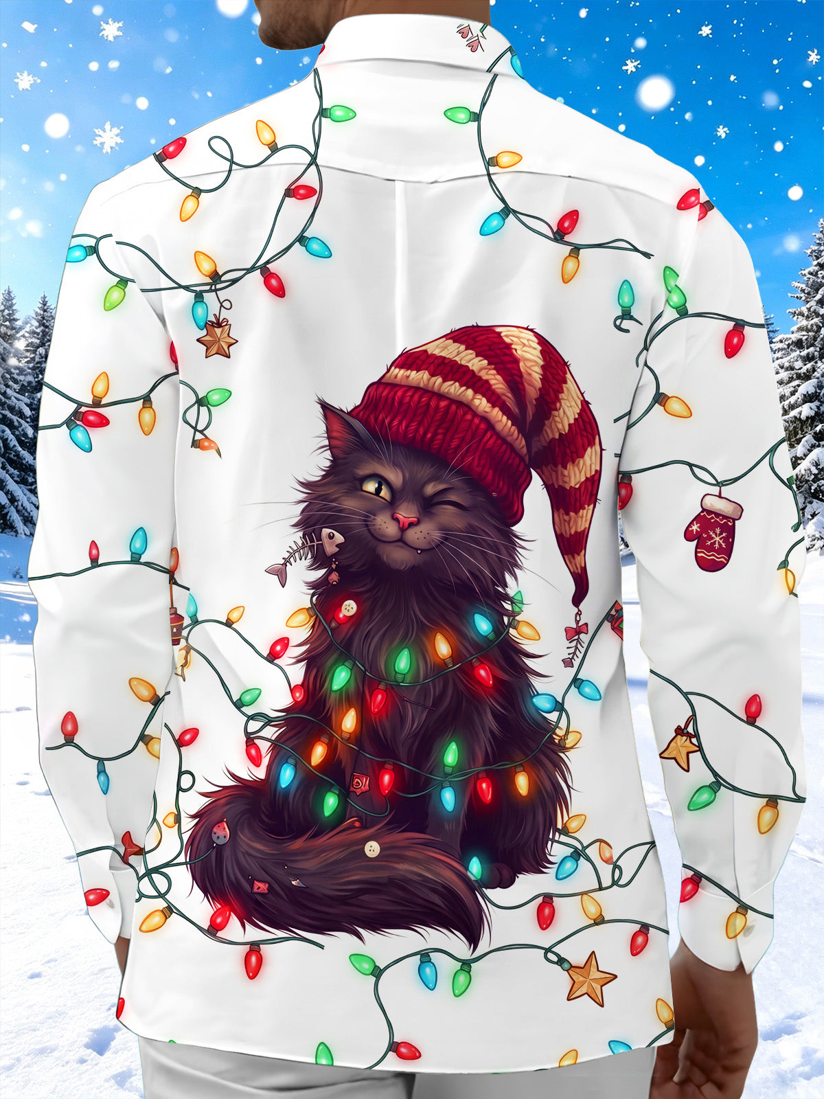Oceanlyte Men's Long Sleeve Shirt - Black Cat With Christmas Lights And Knit Hat Print with Chest Pocket