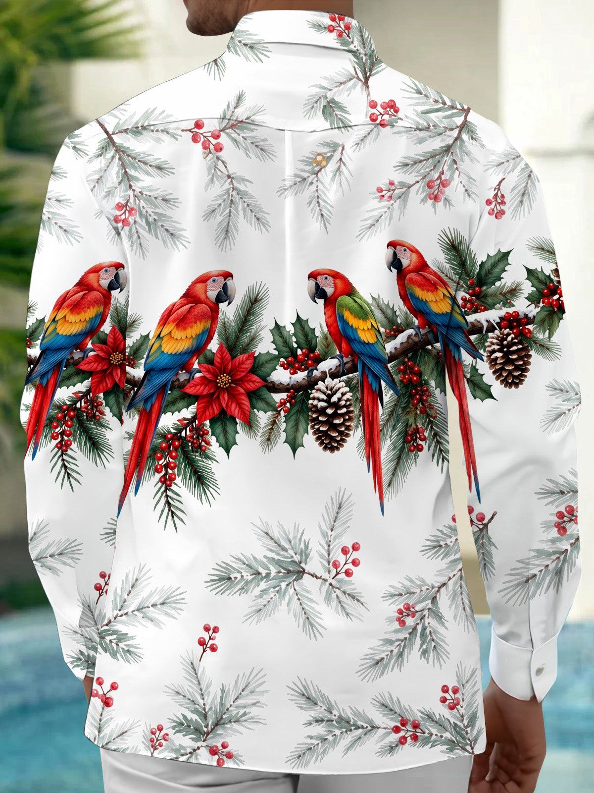 Oceanlyte Men's Christmas Parrots And Pine Cones Print Long Sleeve Shirt with Chest Pocket