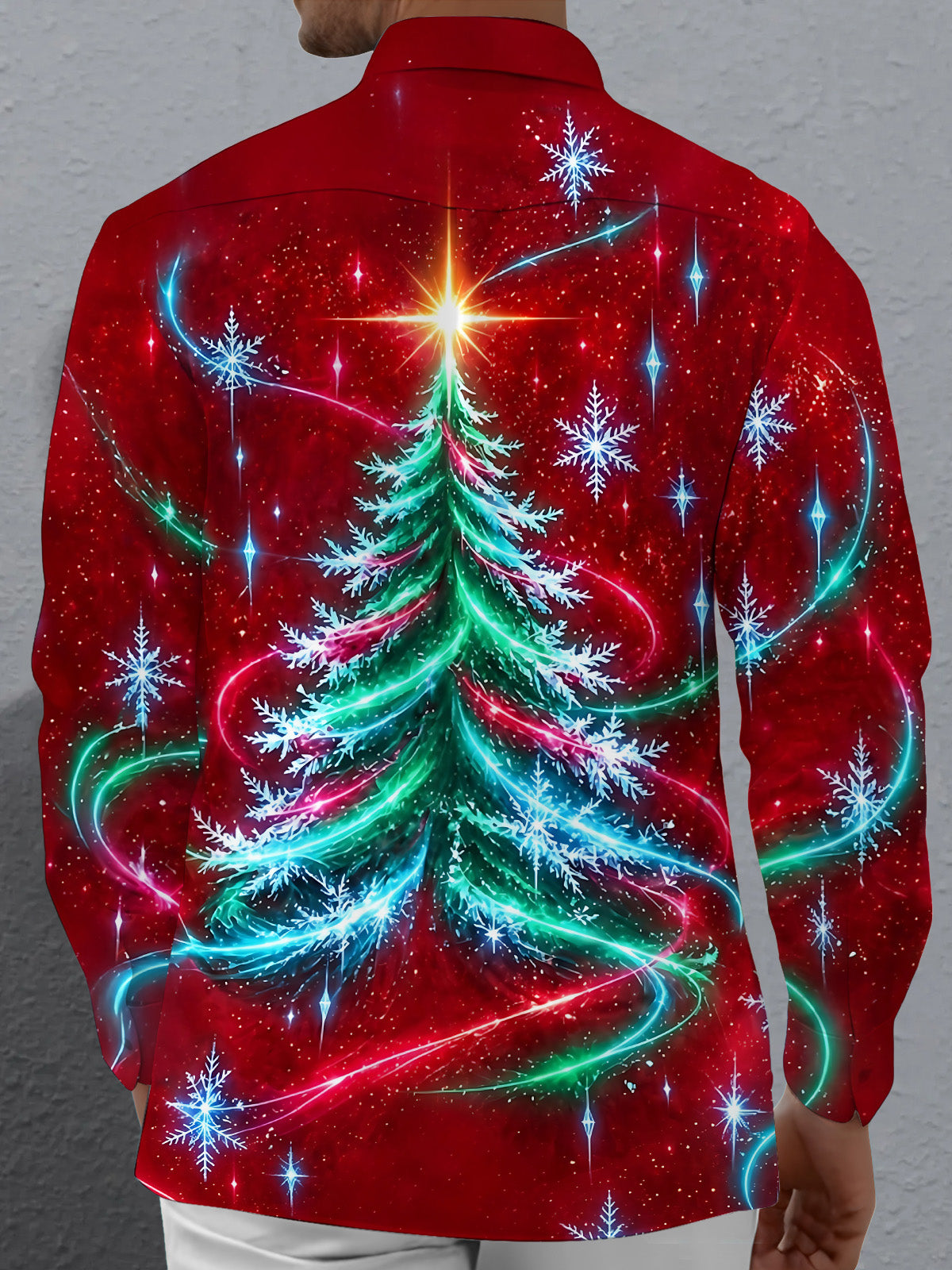 Oceanlyte Men's Long Sleeve Shirt - Christmas Tree With Snowflakes And Light Trails Print with Chest Pocket