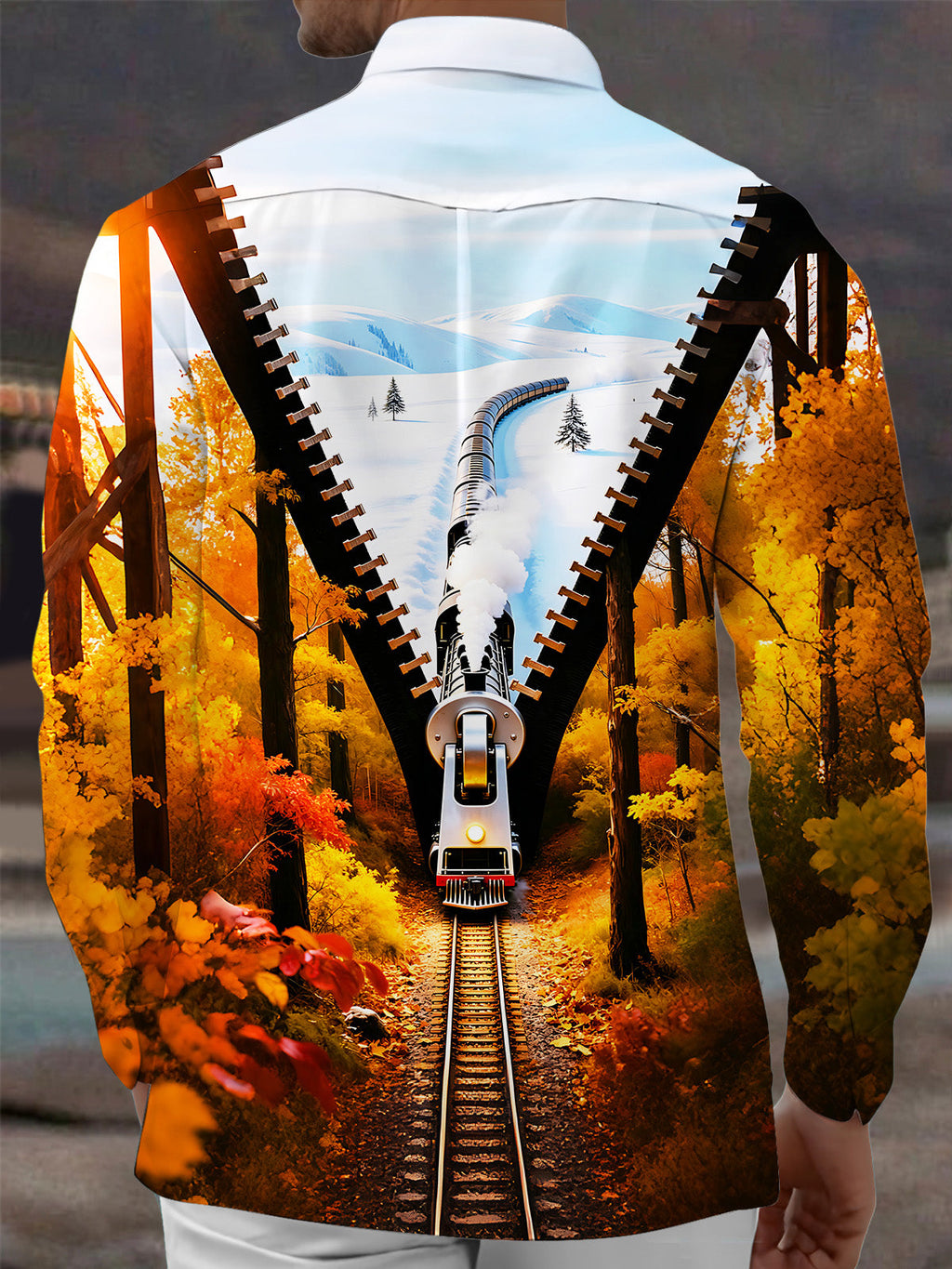 Oceanlyte Men's Graphic Autumn Forest Train Print Long Sleeve Shirt with Chest Pocket