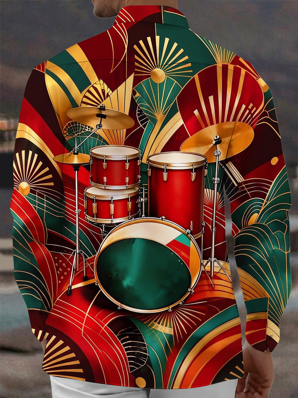 Oceanlyte Men's Vintage Style Drum Set Print Long Sleeve Shirt with Chest Pocket