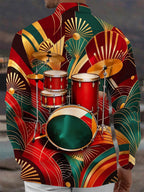 Oceanlyte Men's Vintage Style Drum Set Print Long Sleeve Shirt with Chest Pocket