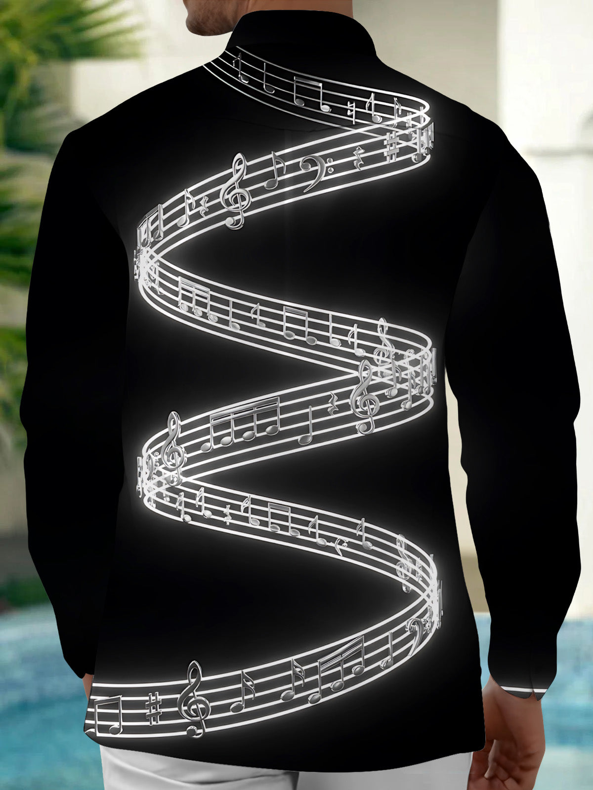 Oceanlyte Men's Printed Musical Notes And Staff Lines Print Long Sleeve Shirt with Chest Pocket