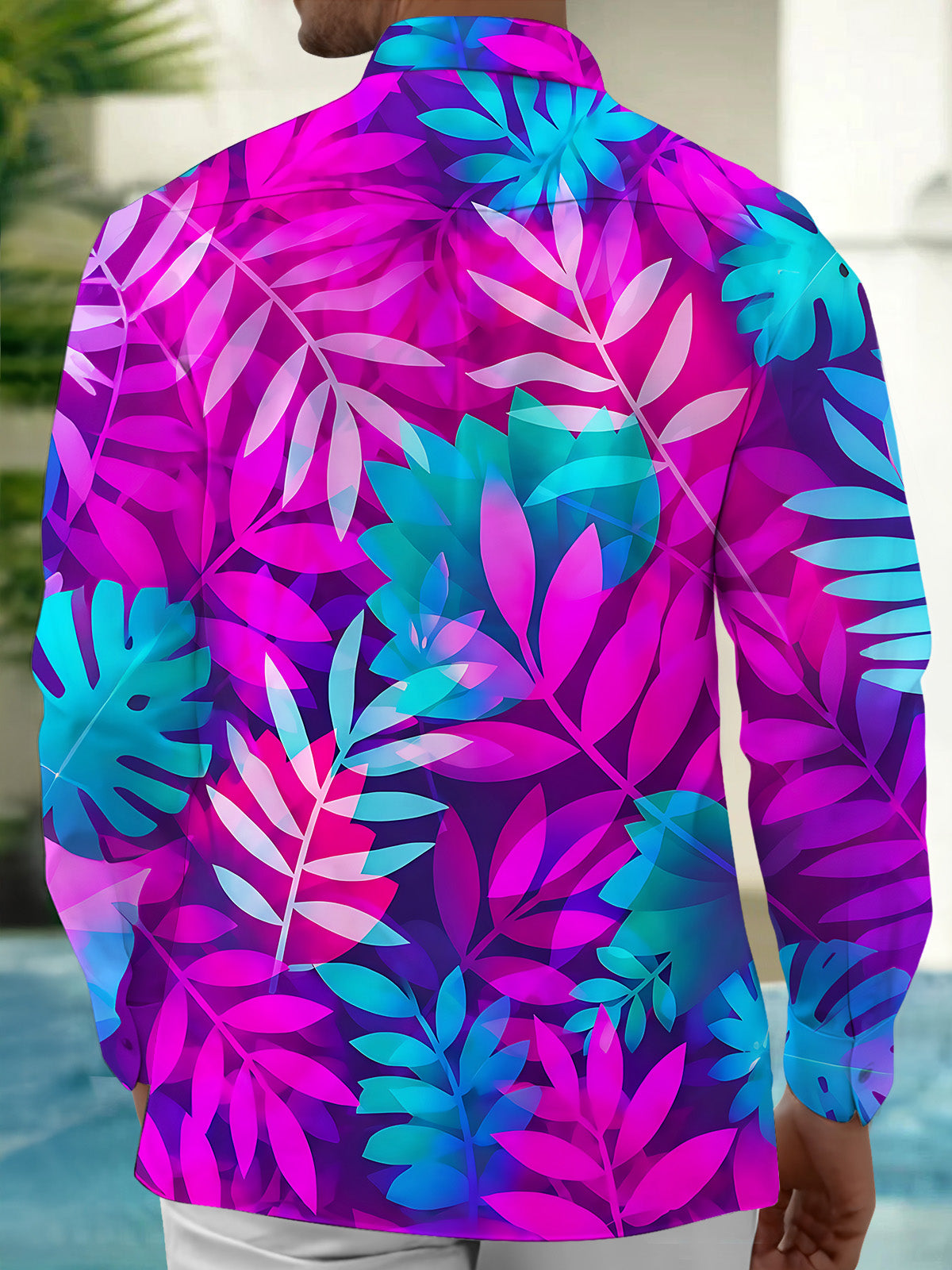 Oceanlyte Men's Hawaiian Tropical Leaf Print Long Sleeve Shirt with Chest Pocket