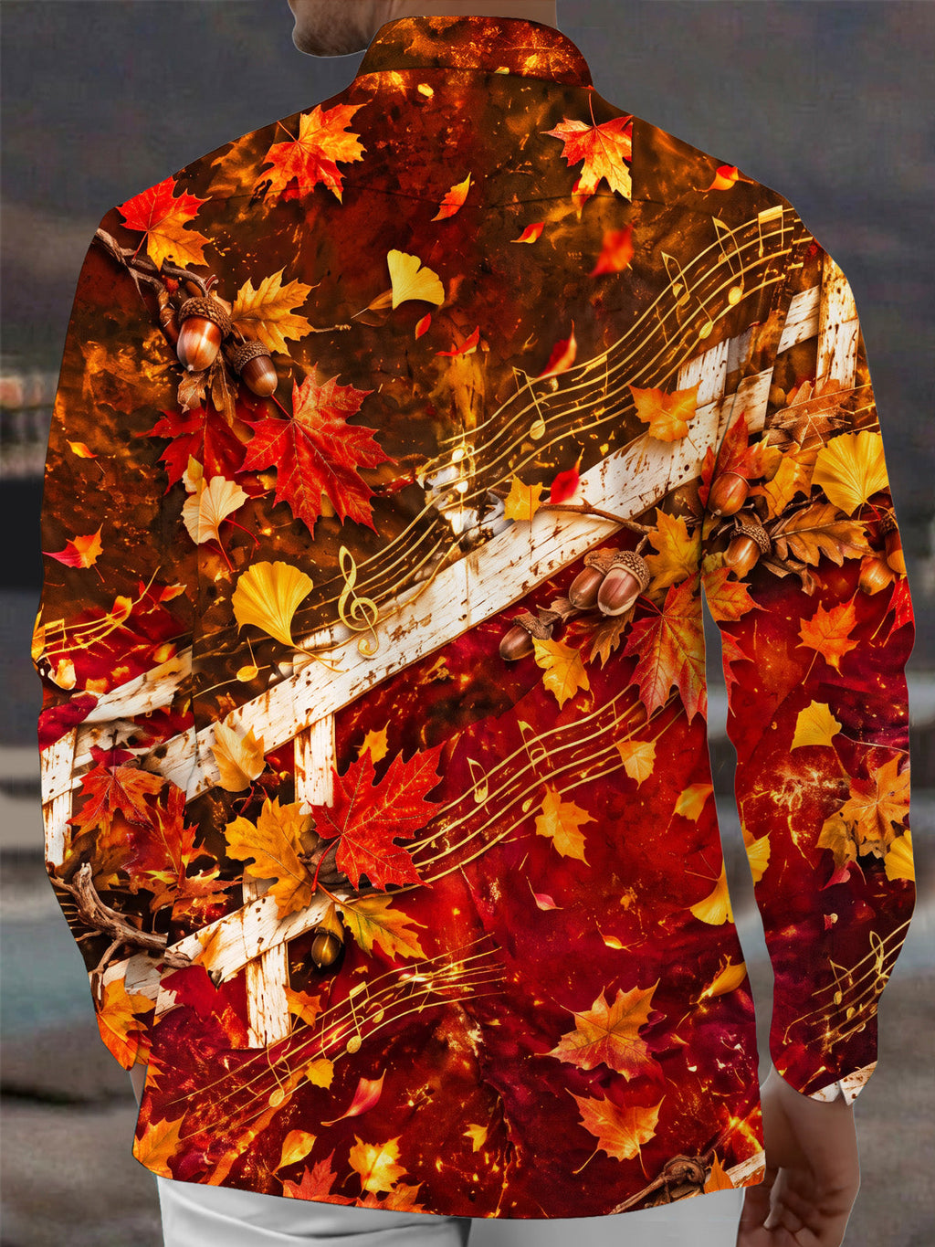 Oceanlyte Men's Printed Autumn Maple Leaves And Acorns Print Long Sleeve Shirt with Chest Pocket