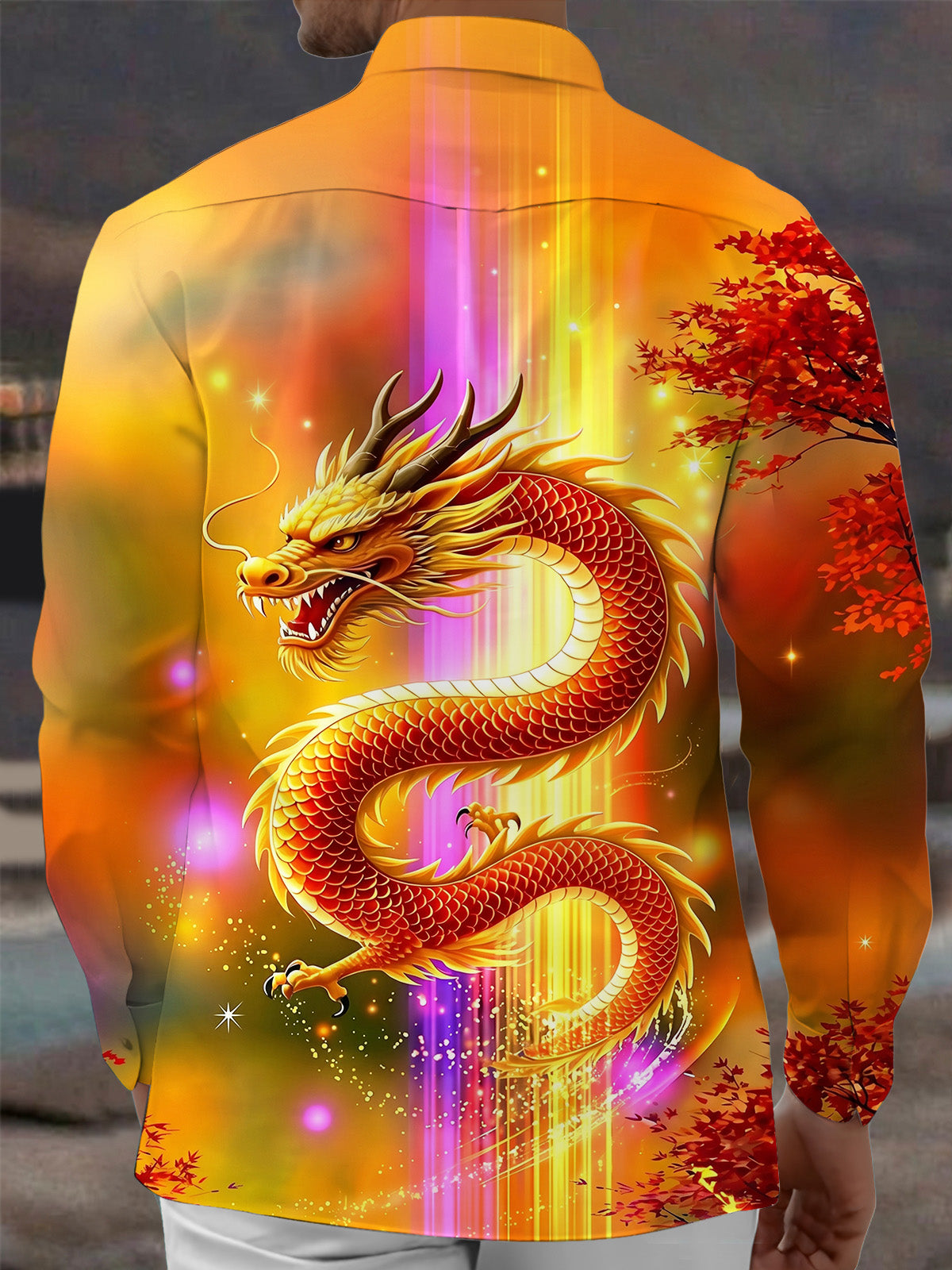 Oceanlyte Men's Graphic Golden Dragon Print Long Sleeve Shirt with Chest Pocket
