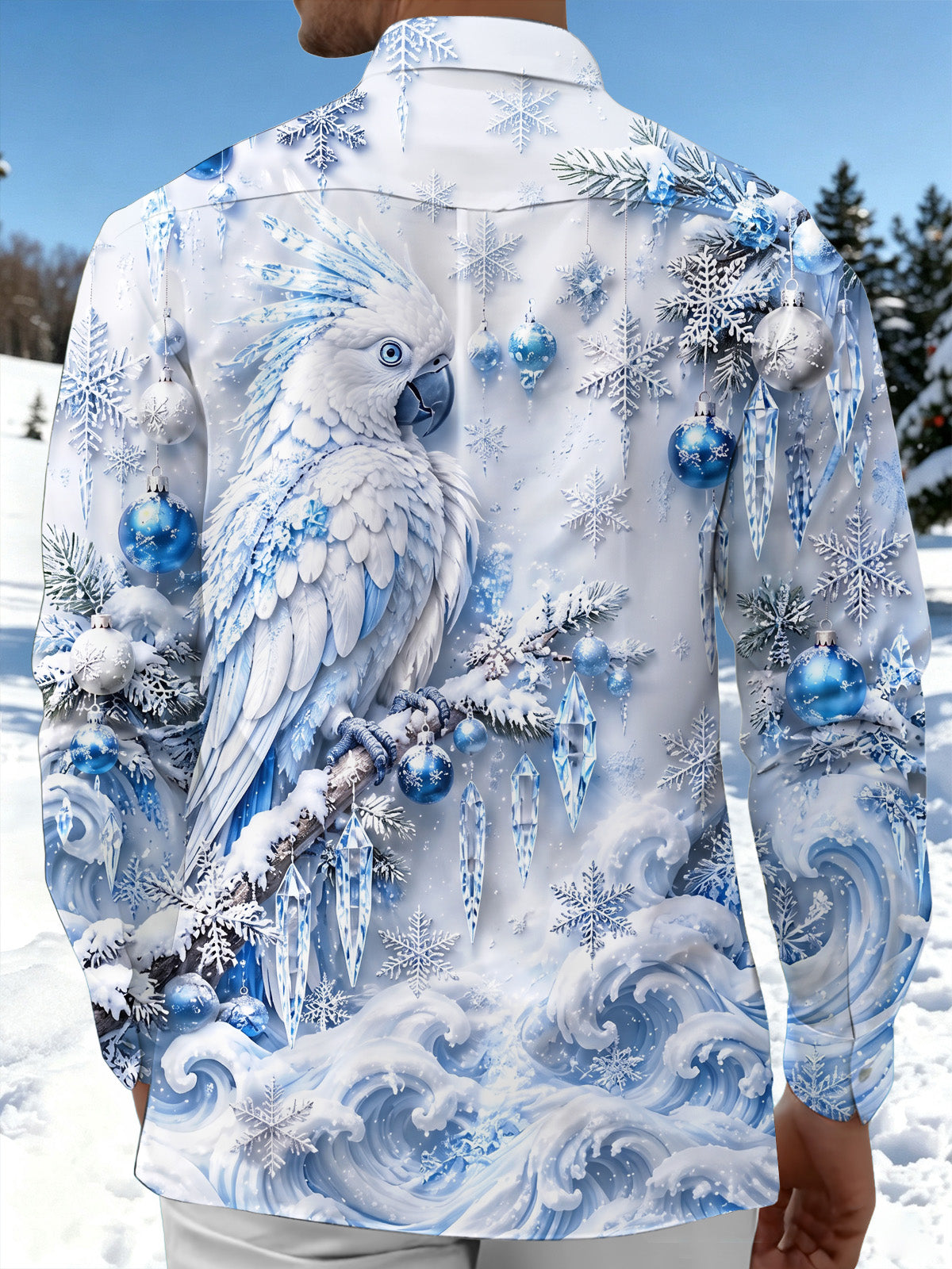 Oceanlyte Men's Graphic Christmas Parrot And Ornaments Print Long Sleeve Shirt with Chest Pocket