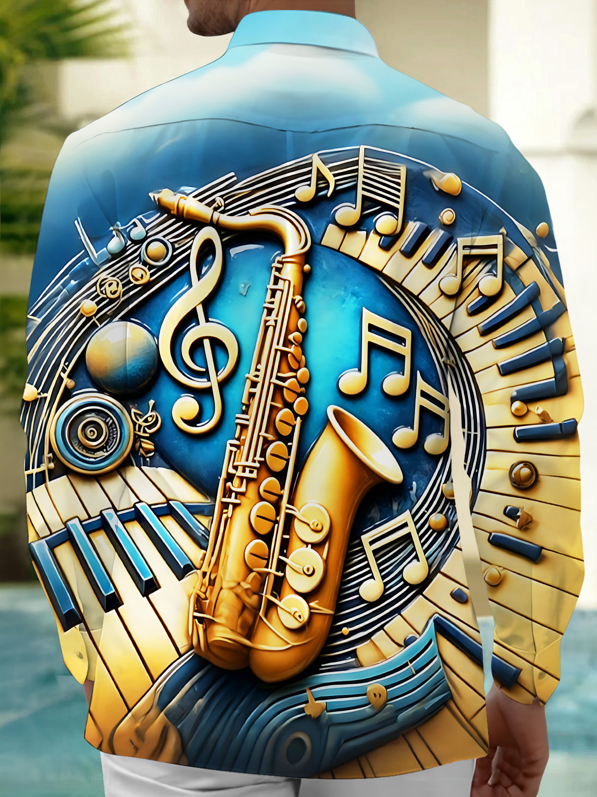 Oceanlyte Men's Graphic 3D Saxophone Print Piano Keys Print Long Sleeve Shirt with Chest Pocket