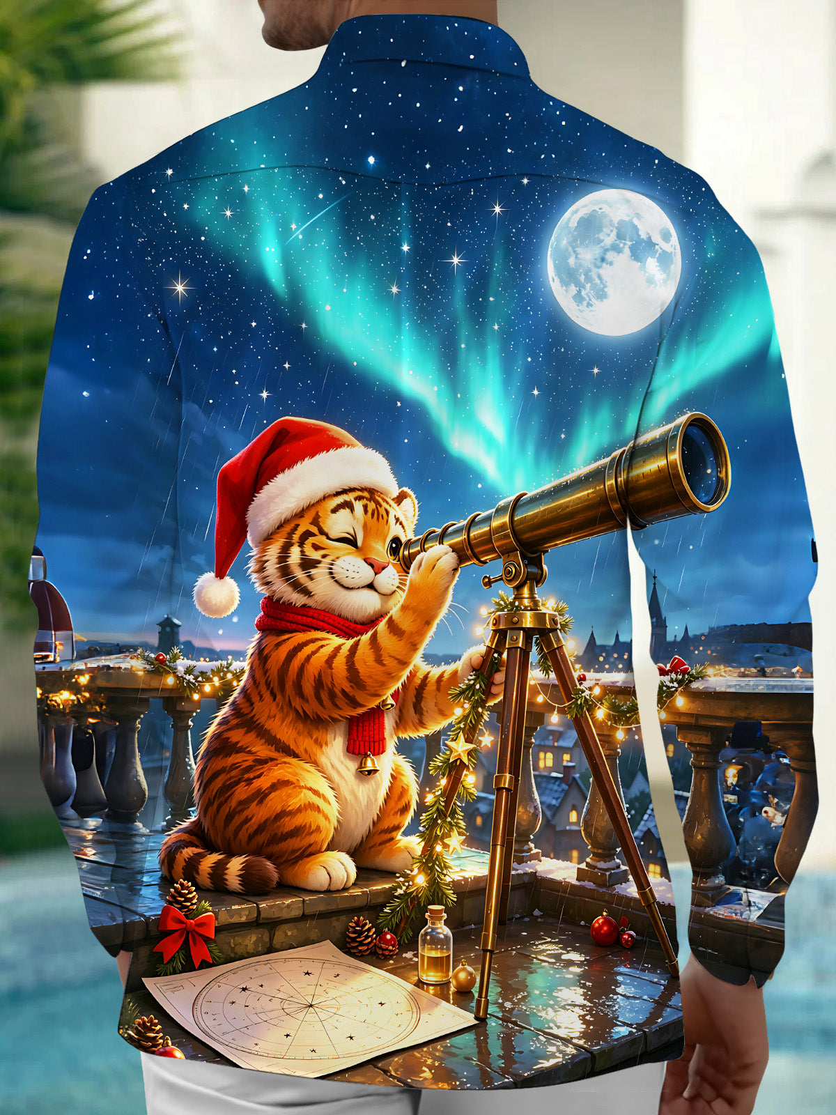 Oceanlyte Men's Graphic Christmas Tiger Print Stargazing Print Long Sleeve Shirt with Chest Pocket