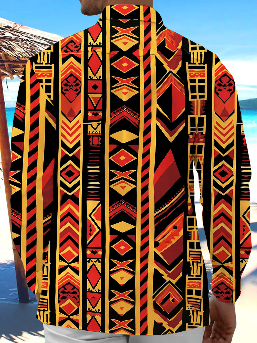 Oceanlyte Men's Vintage Style Geometric Tribal Pattern Long Sleeve Shirt with Chest Pocket