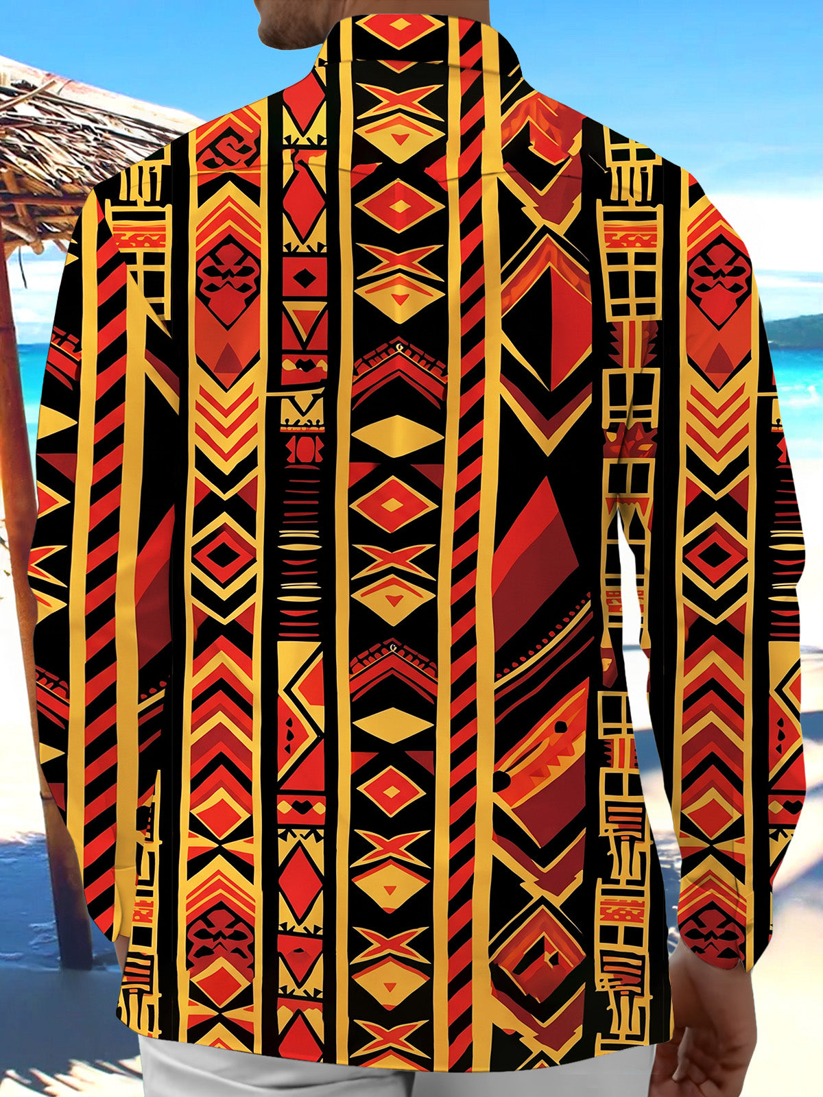 Oceanlyte Men's Vintage Style Geometric Tribal Pattern Long Sleeve Shirt with Chest Pocket