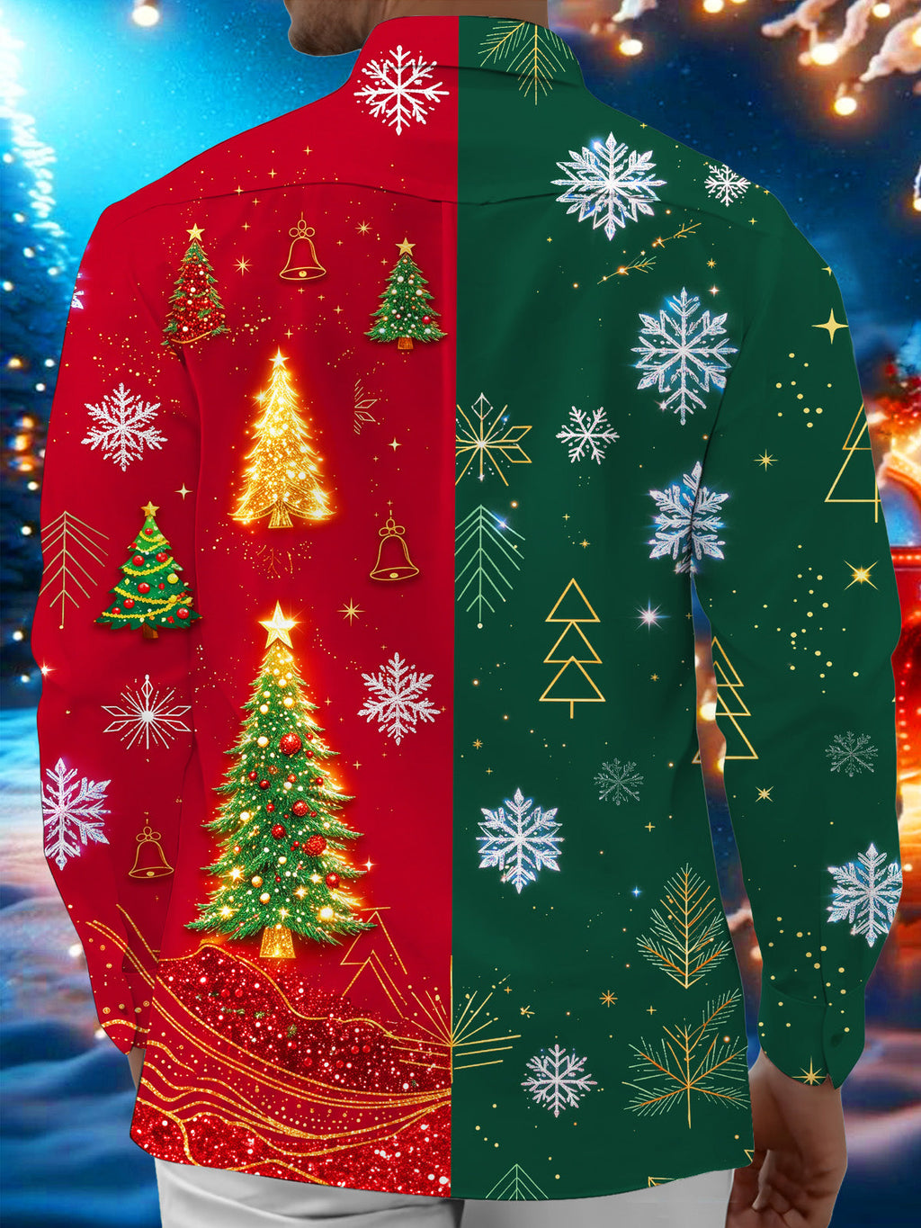 Oceanlyte Men's Printed Christmas Trees And Snowflakes Print Long Sleeve Shirt with Chest Pocket