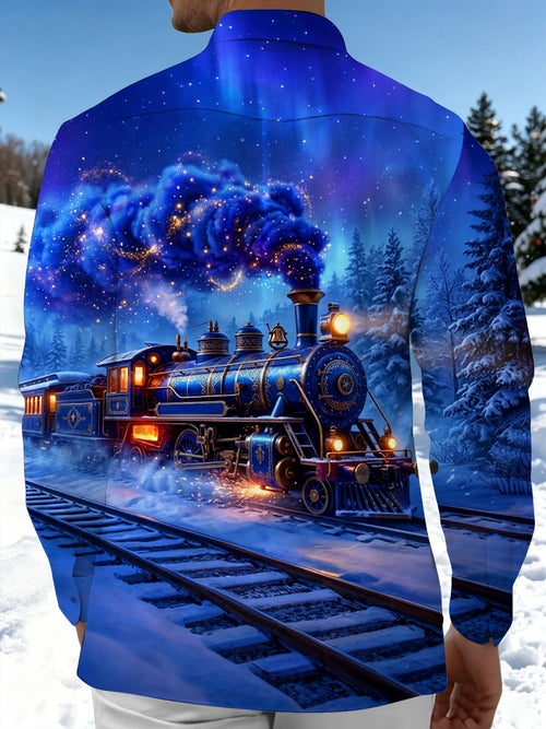 Oceanlyte Men's Graphic Vintage Train In Winter Forest Print Long Sleeve Shirt with Chest Pocket