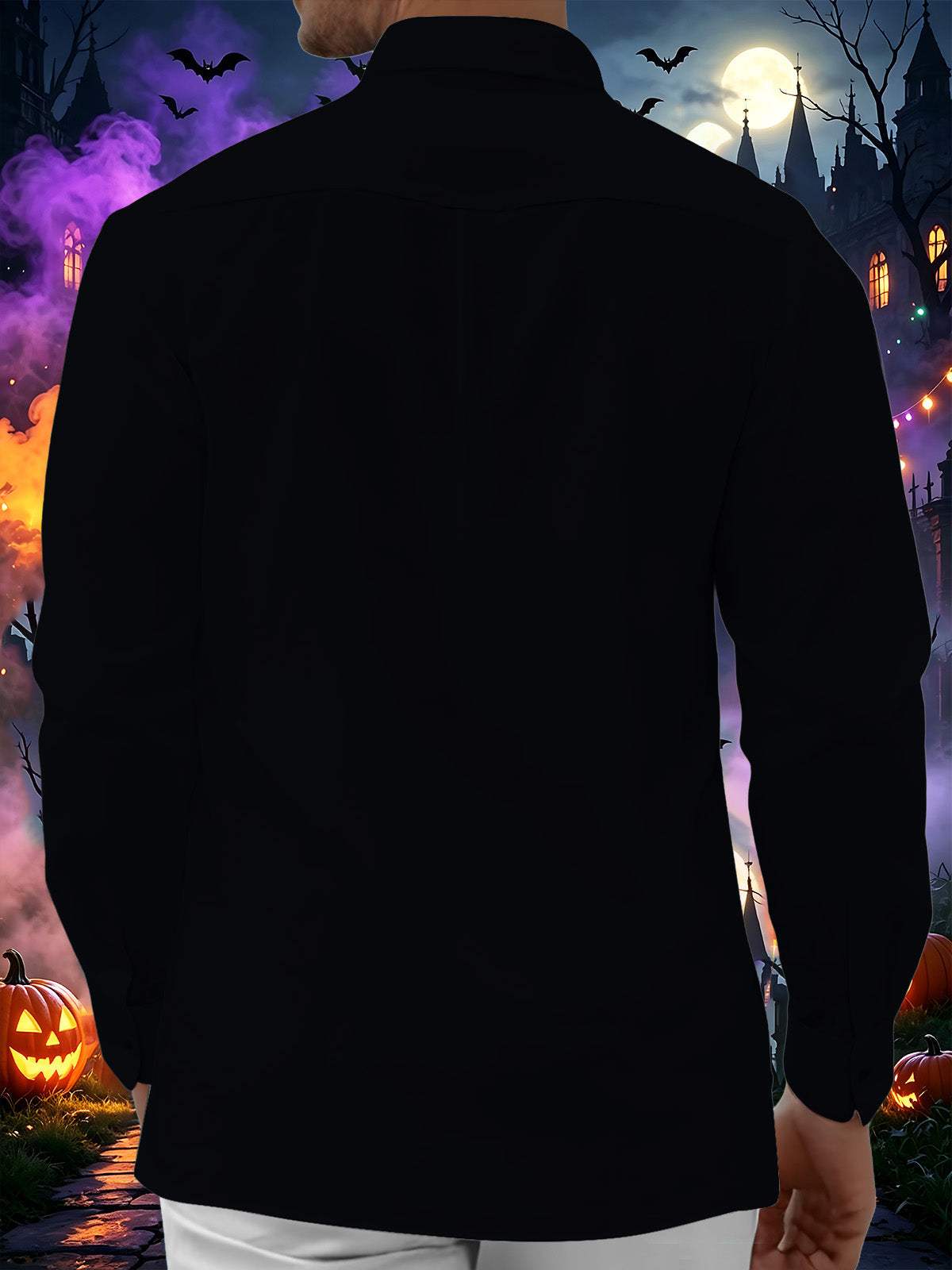 Oceanlyte Men's Neon Halloween Pumpkins Ghosts And Bats Print Long Sleeve Shirt with Chest Pocket