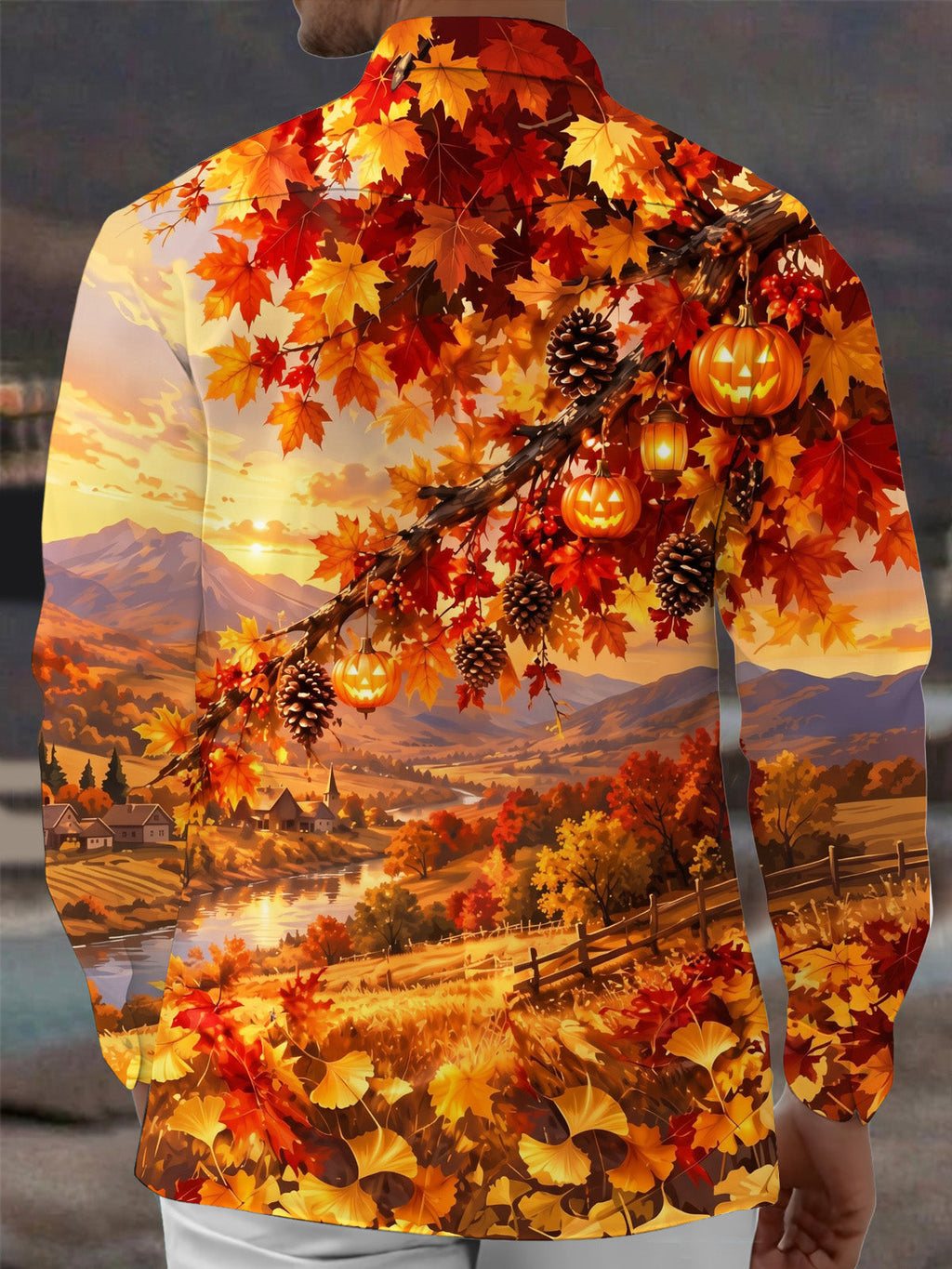 Oceanlyte Men's Long Sleeve Shirt - Halloween Autumn Landscape With Jack-o-lanterns And Pinecones Print with Chest Pocket