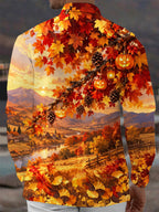 Oceanlyte Men's Long Sleeve Shirt - Halloween Autumn Landscape With Jack-o-lanterns And Pinecones Print with Chest Pocket