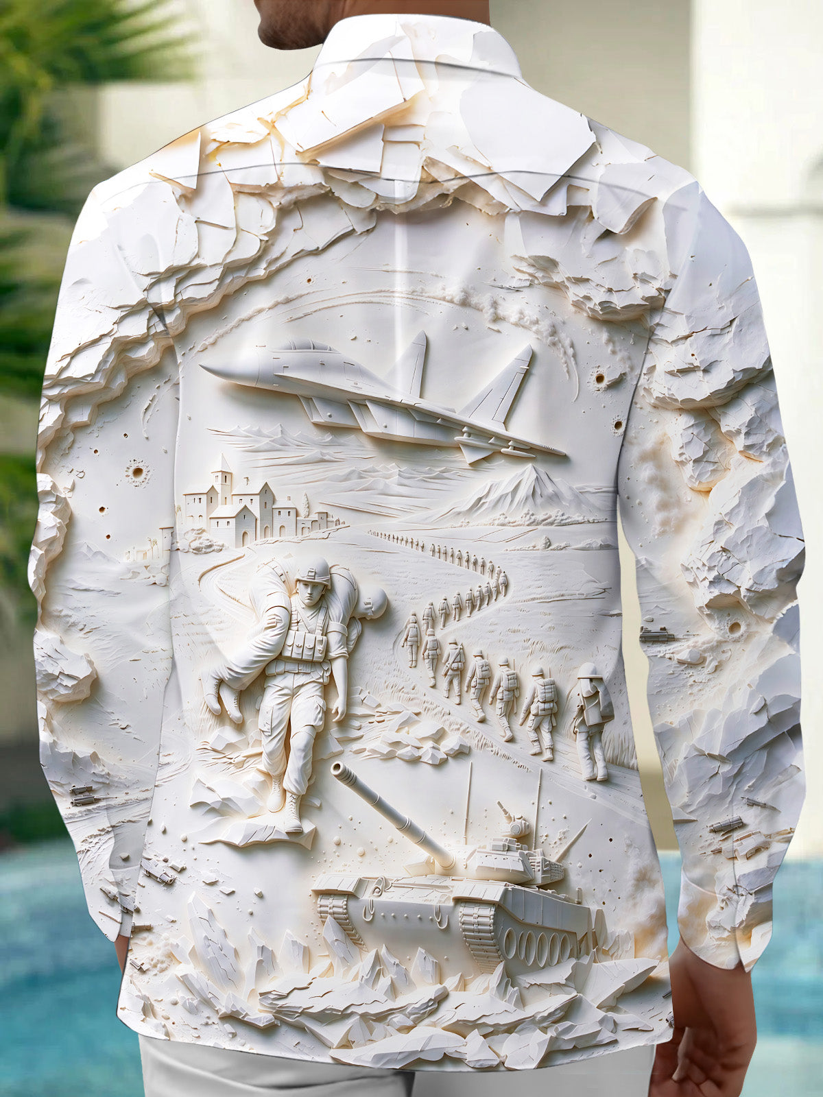 Oceanlyte Men's Long Sleeve Shirt - The "Combat Rescue" 3D Military Relief Scene With Soldiers And Vehicles Print with Chest Pocket