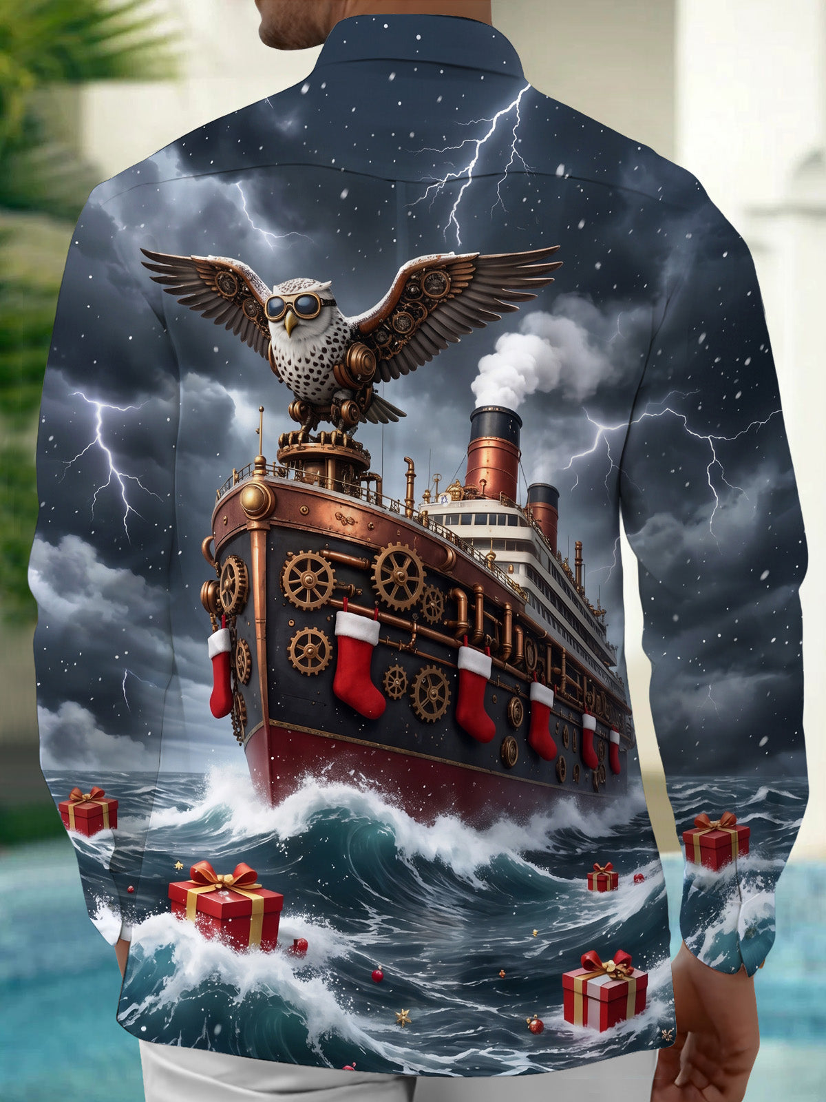Oceanlyte Men's Long Sleeve Shirt - Steampunk Owl And Steamship With Christmas Stockings Print with Chest Pocket