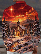 Oceanlyte Men's Long Sleeve Shirt - Winter Church Landscape With Snow And Mountains Print with Chest Pocket