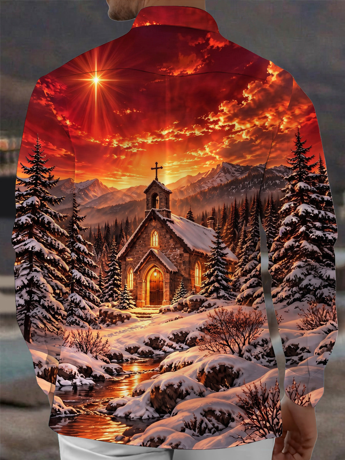 Oceanlyte Men's Long Sleeve Shirt - Winter Church Landscape With Snow And Mountains Print with Chest Pocket